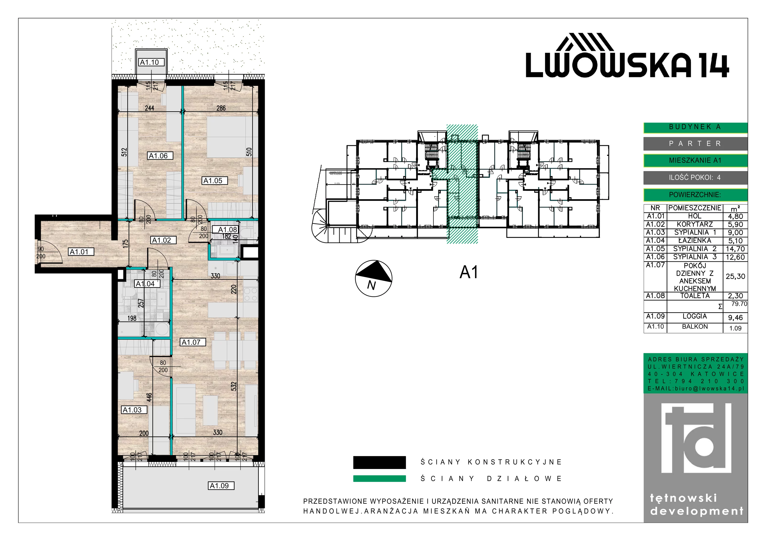 4 pokoje, mieszkanie 79,70 m², parter, oferta nr A01, Lwowska 14, Chorzów, ul. Lwowska 14