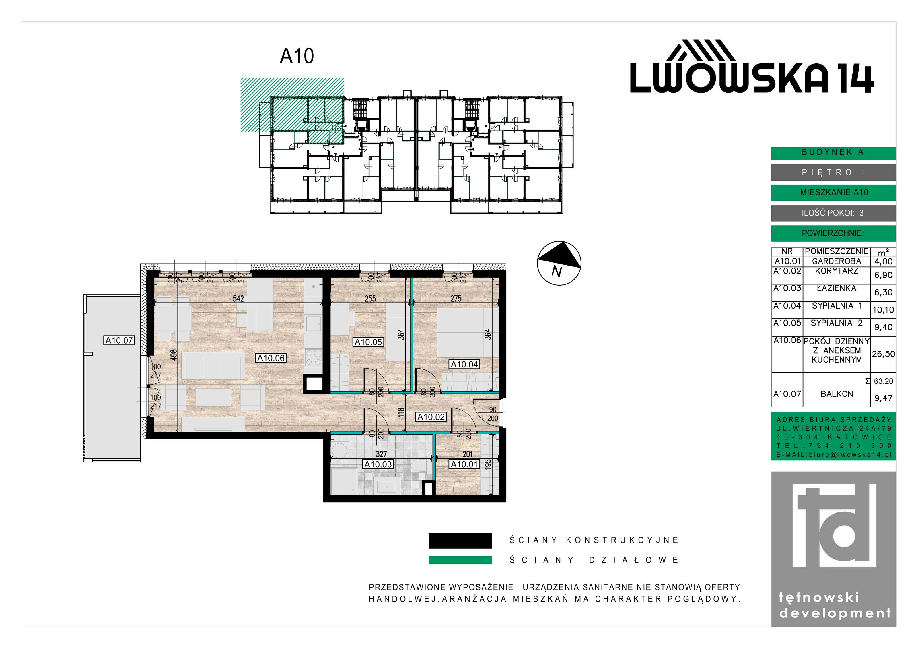 3 pokoje, mieszkanie 63,20 m², piętro 1, oferta nr A10, Lwowska 14, Chorzów, ul. Lwowska 14