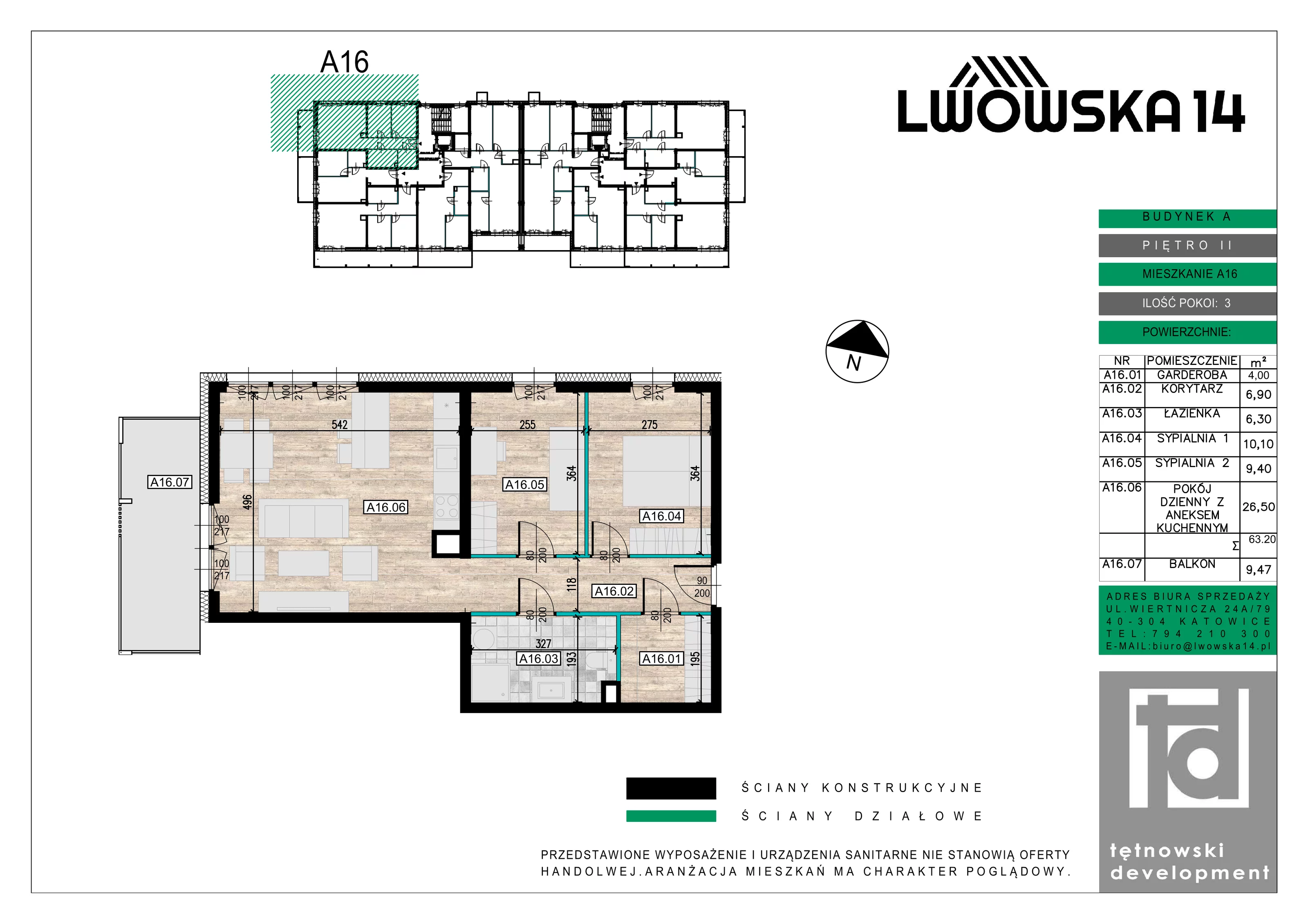 3 pokoje, mieszkanie 63,20 m², piętro 2, oferta nr A16, Lwowska 14, Chorzów, ul. Lwowska 14