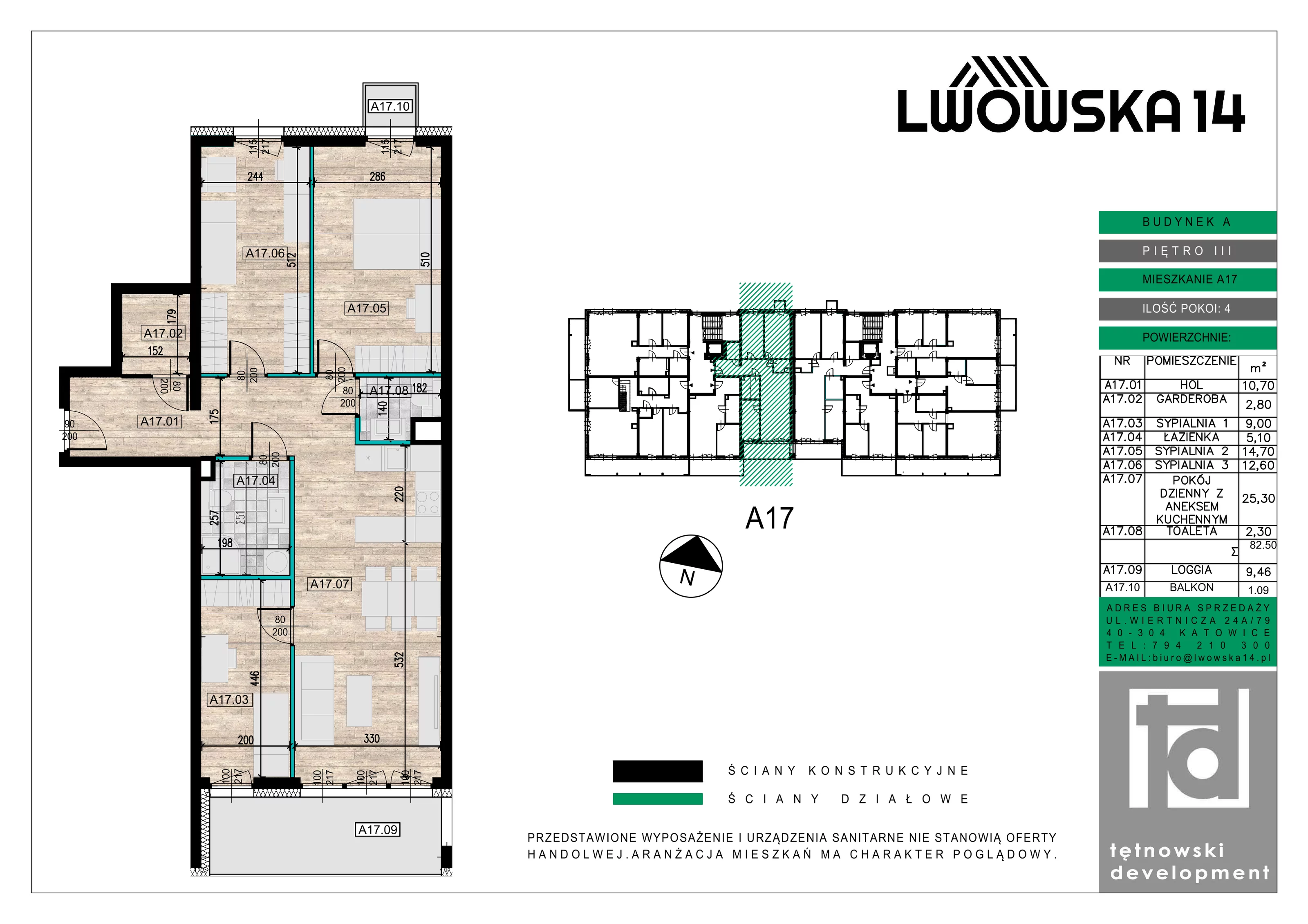 4 pokoje, mieszkanie 82,50 m², piętro 3, oferta nr A17, Lwowska 14, Chorzów, ul. Lwowska 14