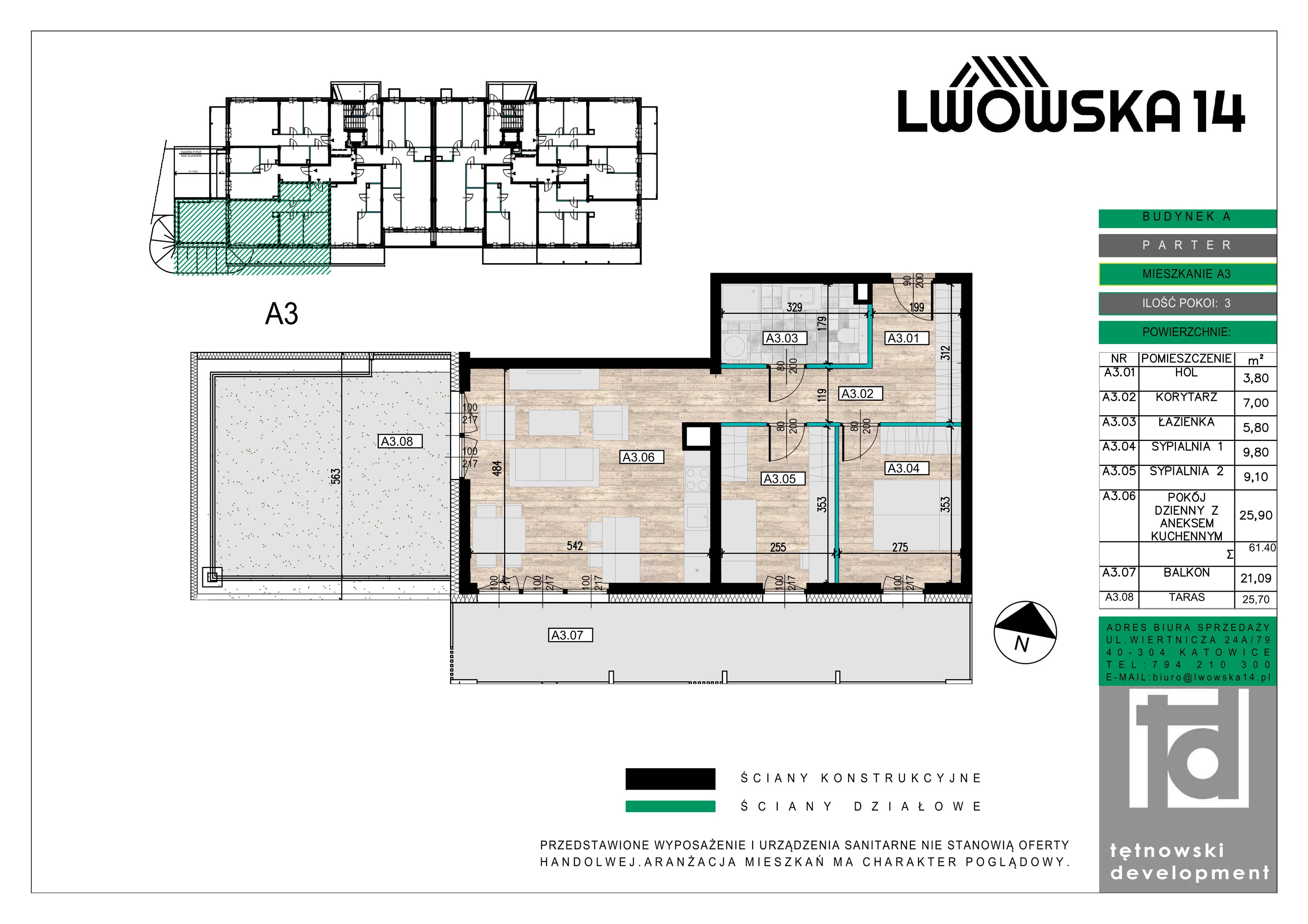 3 pokoje, mieszkanie 61,40 m², parter, oferta nr A03, Lwowska 14, Chorzów, ul. Lwowska 14