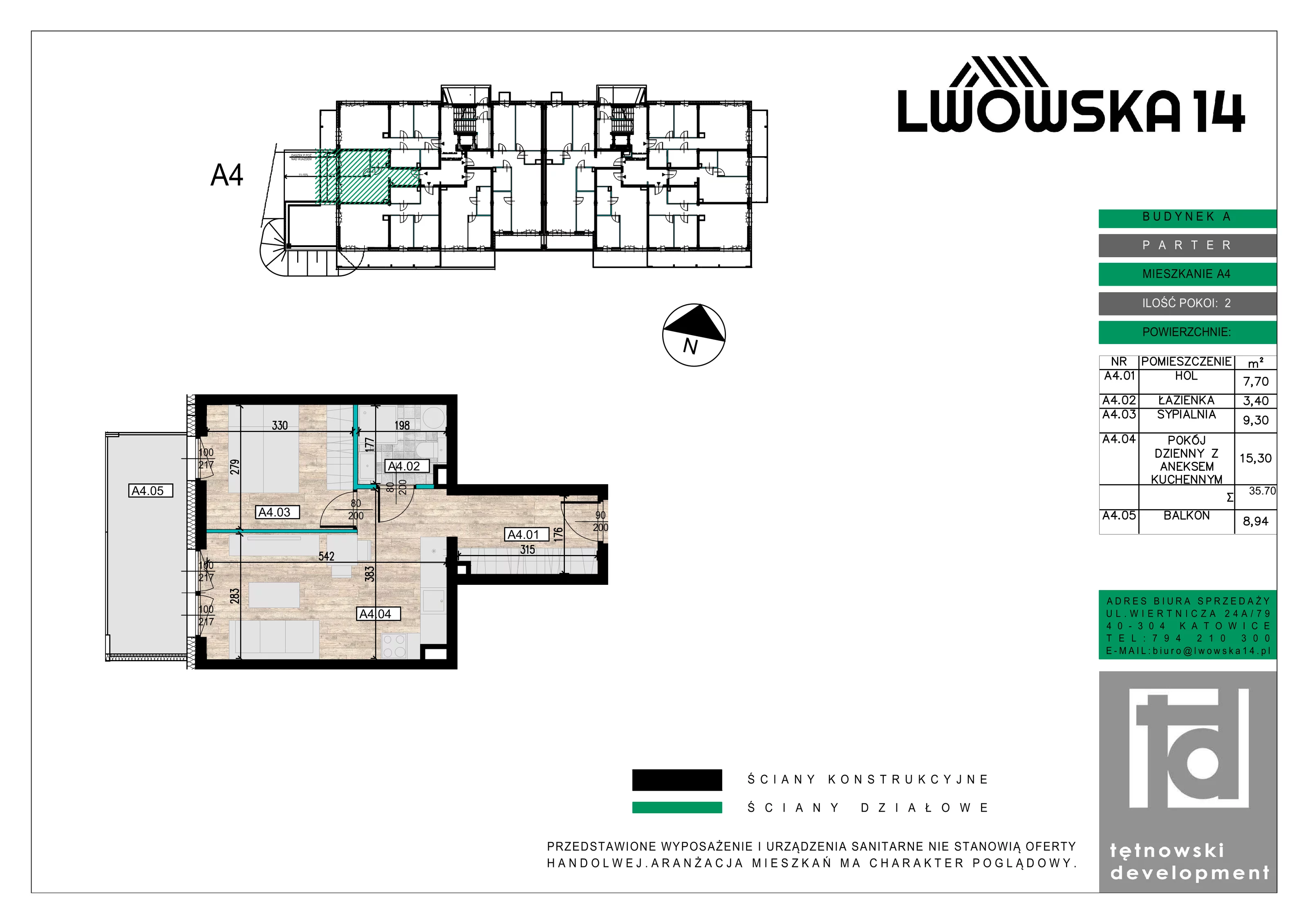 2 pokoje, mieszkanie 35,70 m², parter, oferta nr A04, Lwowska 14, Chorzów, ul. Lwowska 14