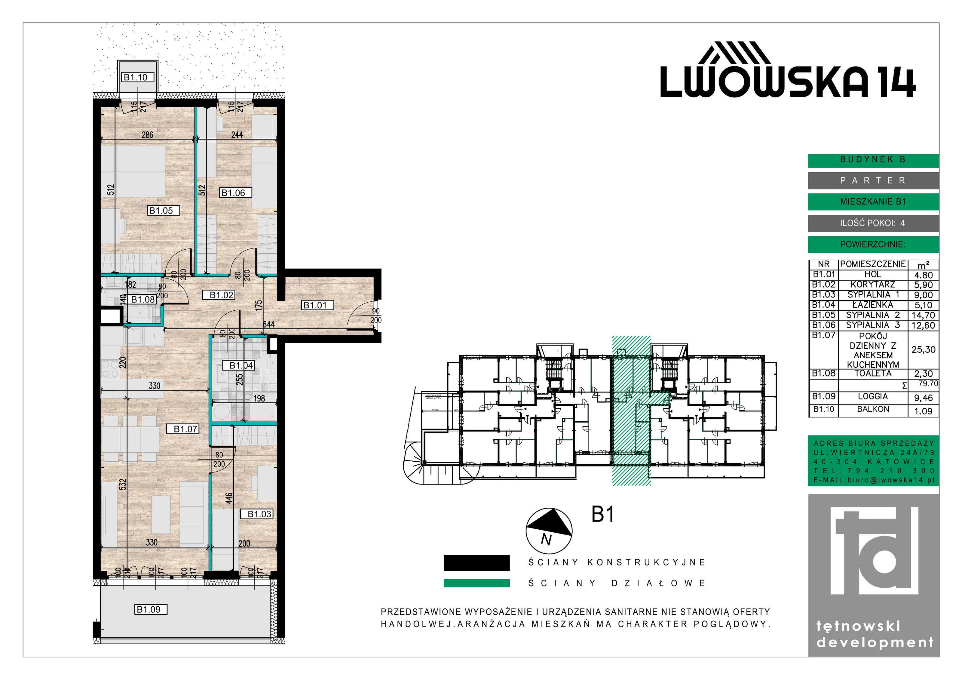 4 pokoje, mieszkanie 79,70 m², parter, oferta nr B01, Lwowska 14, Chorzów, ul. Lwowska 14