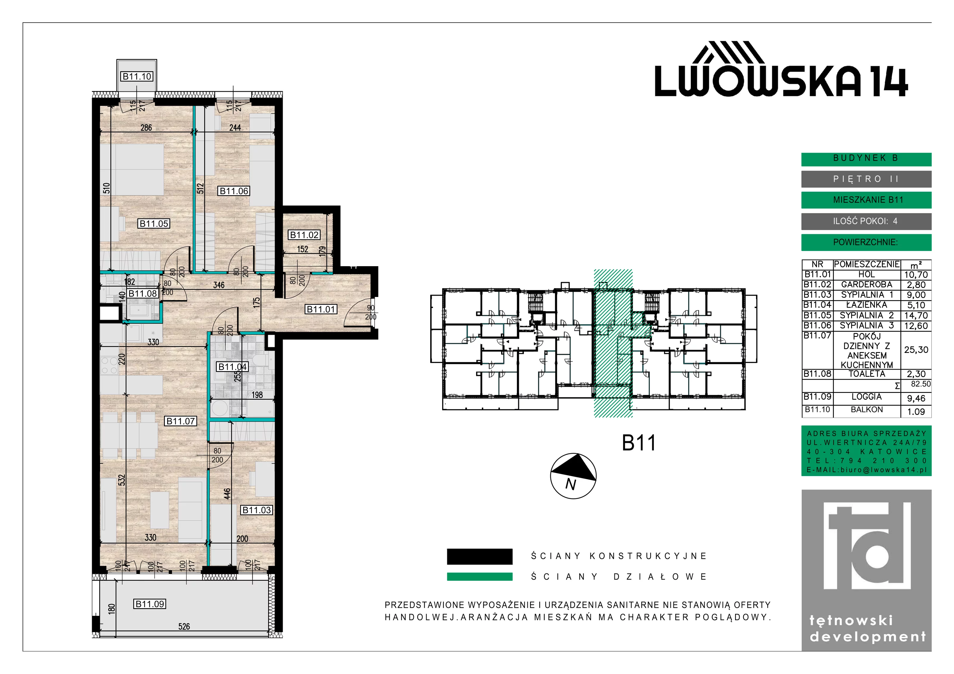 4 pokoje, mieszkanie 82,50 m², piętro 2, oferta nr B11, Lwowska 14, Chorzów, ul. Lwowska 14