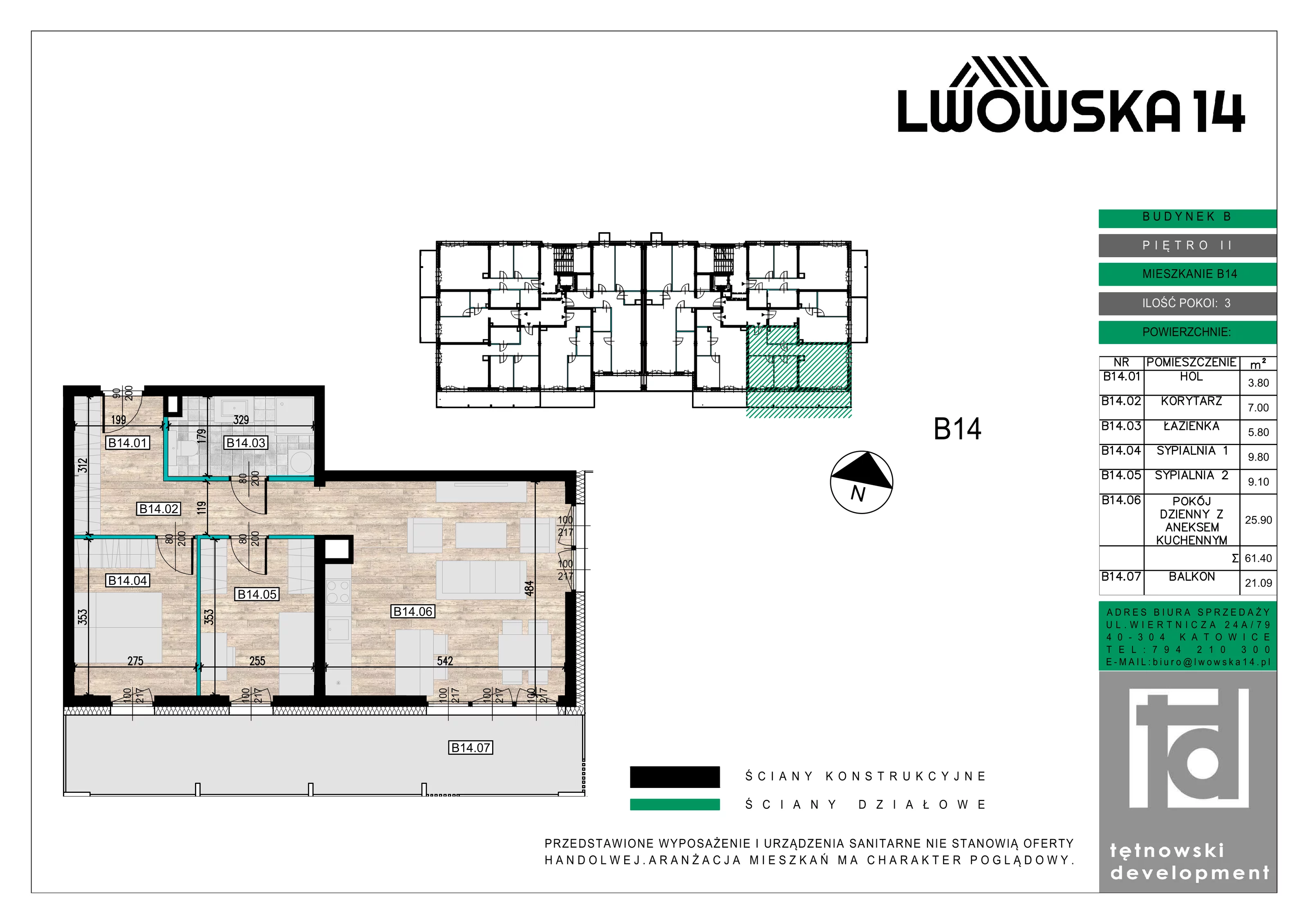 3 pokoje, mieszkanie 61,40 m², piętro 2, oferta nr B14, Lwowska 14, Chorzów, ul. Lwowska 14