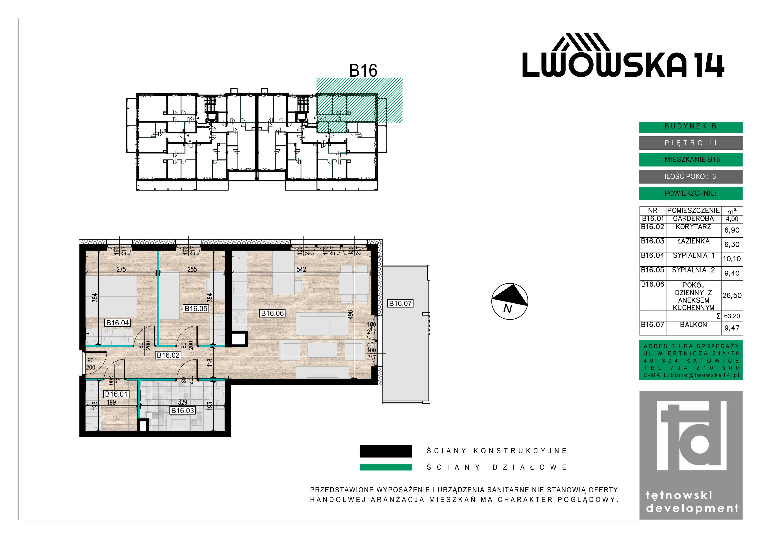 3 pokoje, mieszkanie 63,20 m², piętro 2, oferta nr B16, Lwowska 14, Chorzów, ul. Lwowska 14