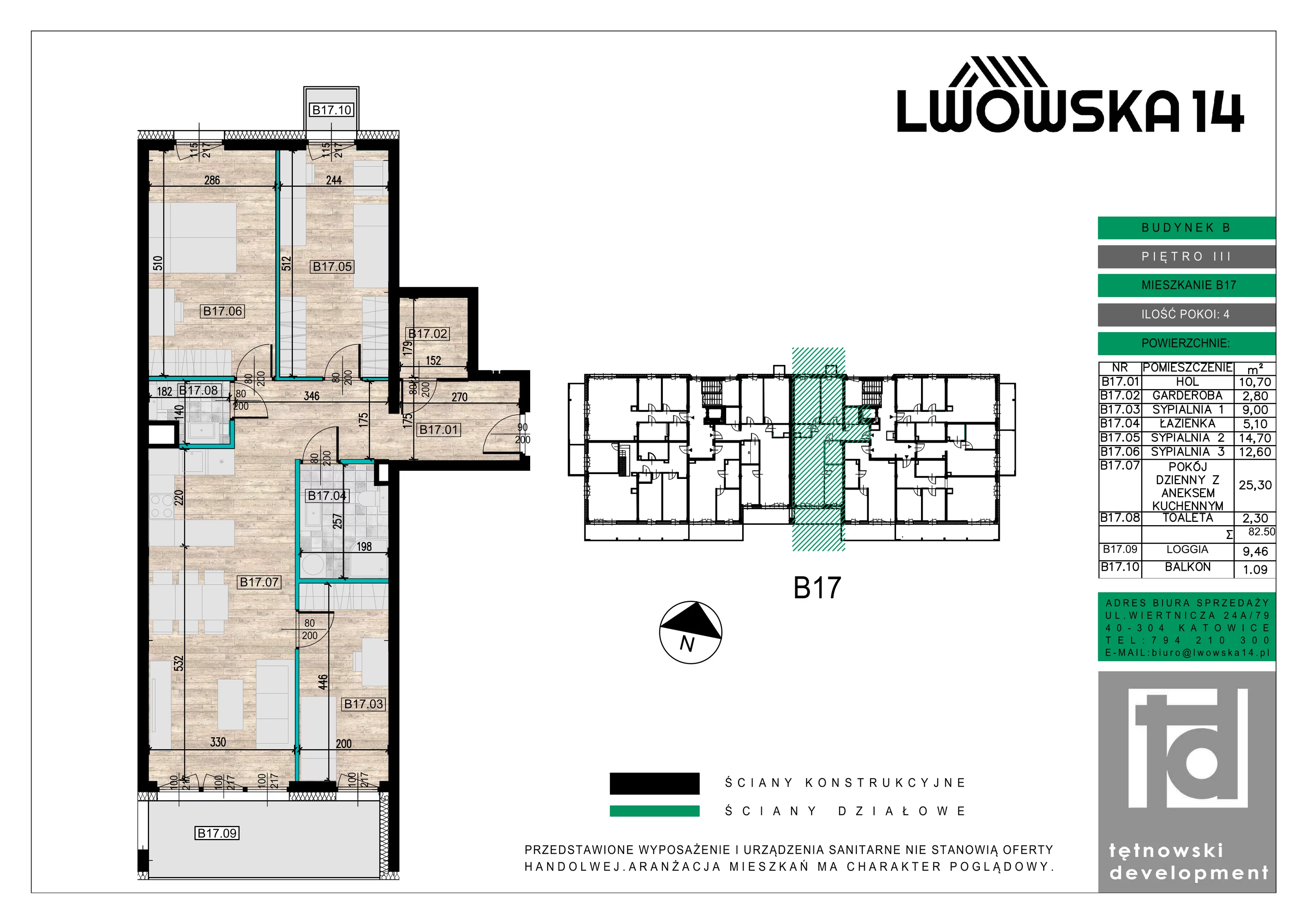 4 pokoje, mieszkanie 82,50 m², piętro 3, oferta nr B17, Lwowska 14, Chorzów, ul. Lwowska 14