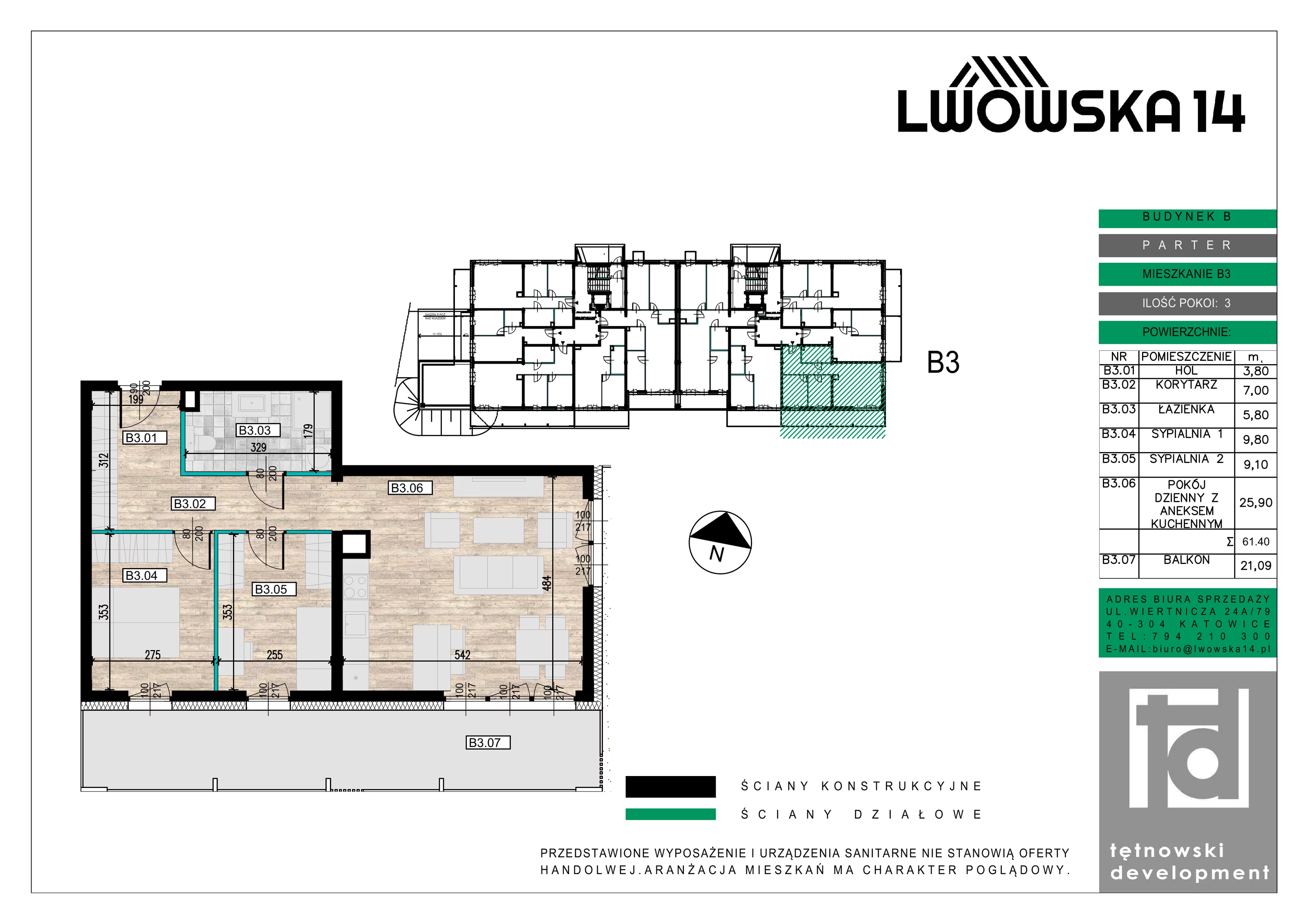 3 pokoje, mieszkanie 61,40 m², parter, oferta nr B03, Lwowska 14, Chorzów, ul. Lwowska 14