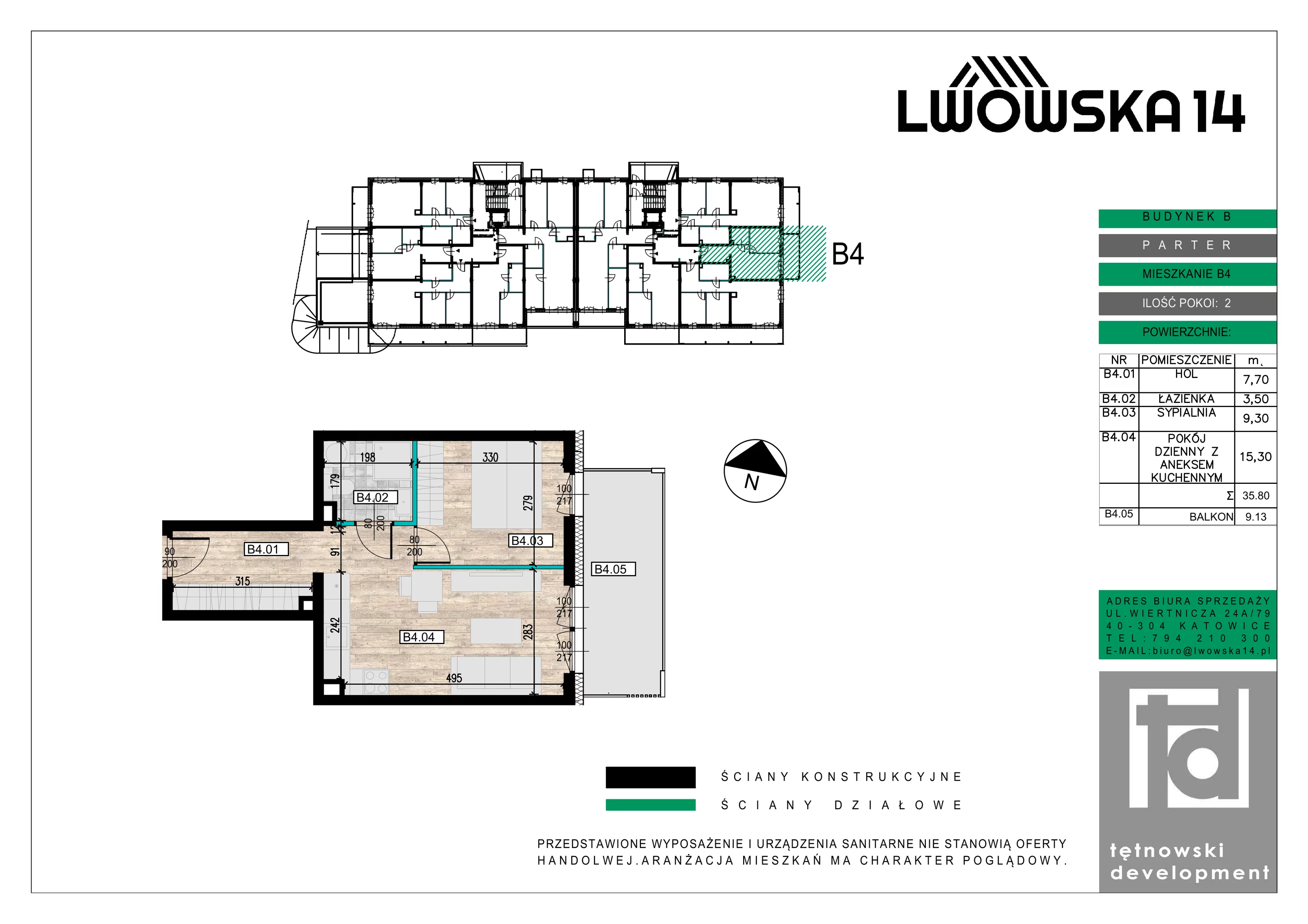 2 pokoje, mieszkanie 35,80 m², parter, oferta nr B04, Lwowska 14, Chorzów, ul. Lwowska 14