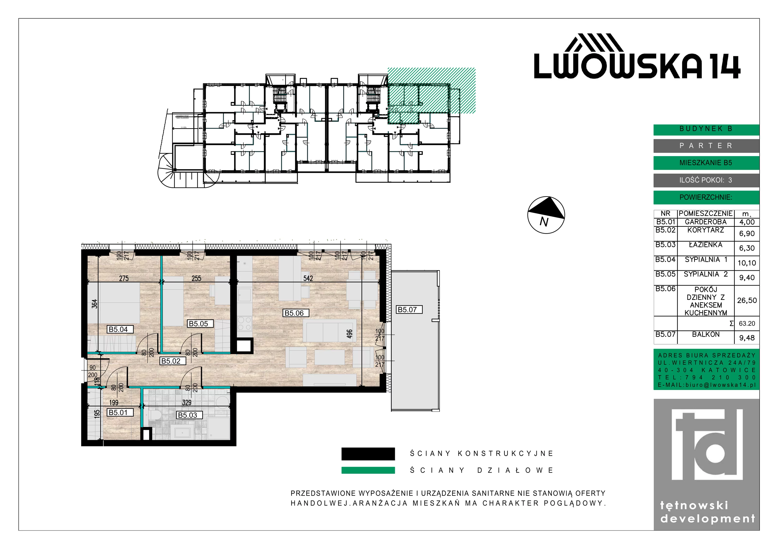 3 pokoje, mieszkanie 63,20 m², parter, oferta nr B05, Lwowska 14, Chorzów, ul. Lwowska 14