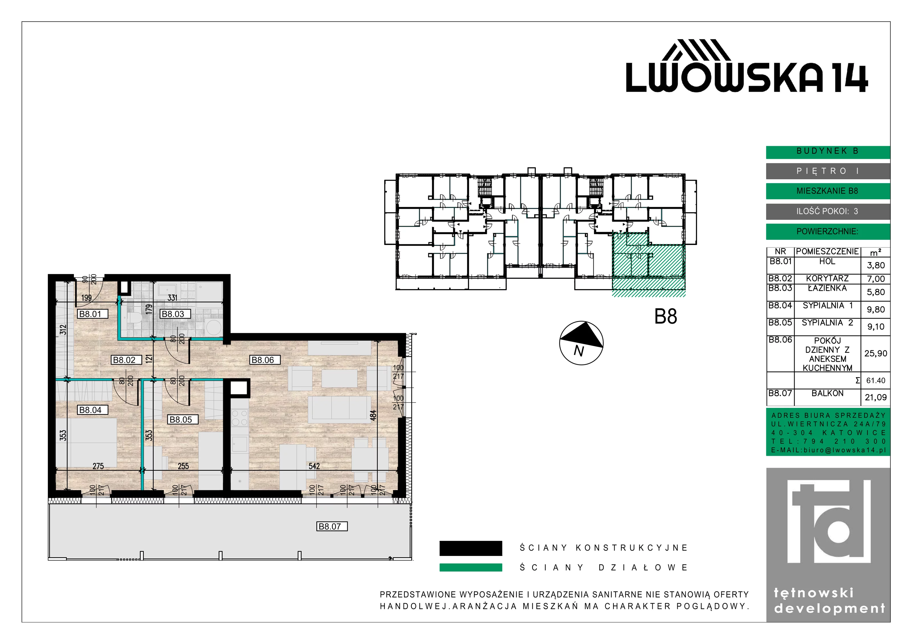 3 pokoje, mieszkanie 61,40 m², piętro 1, oferta nr B08, Lwowska 14, Chorzów, ul. Lwowska 14