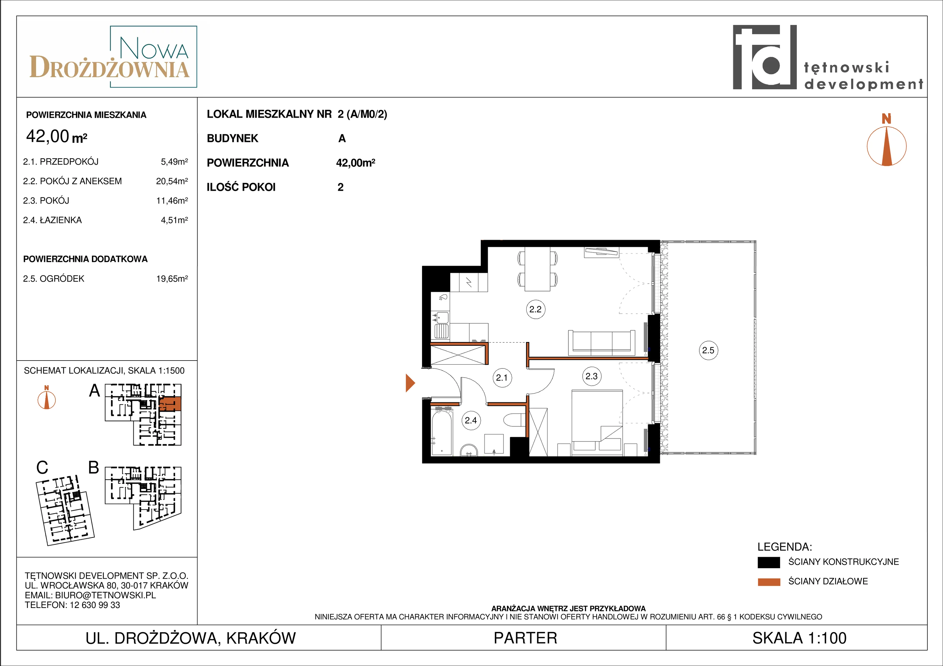 2 pokoje, mieszkanie 42,00 m², parter, oferta nr AM02, Nowa Drożdżownia - Etap II, Kraków, Bieżanów-Prokocim, ul. Drożdżowa 5