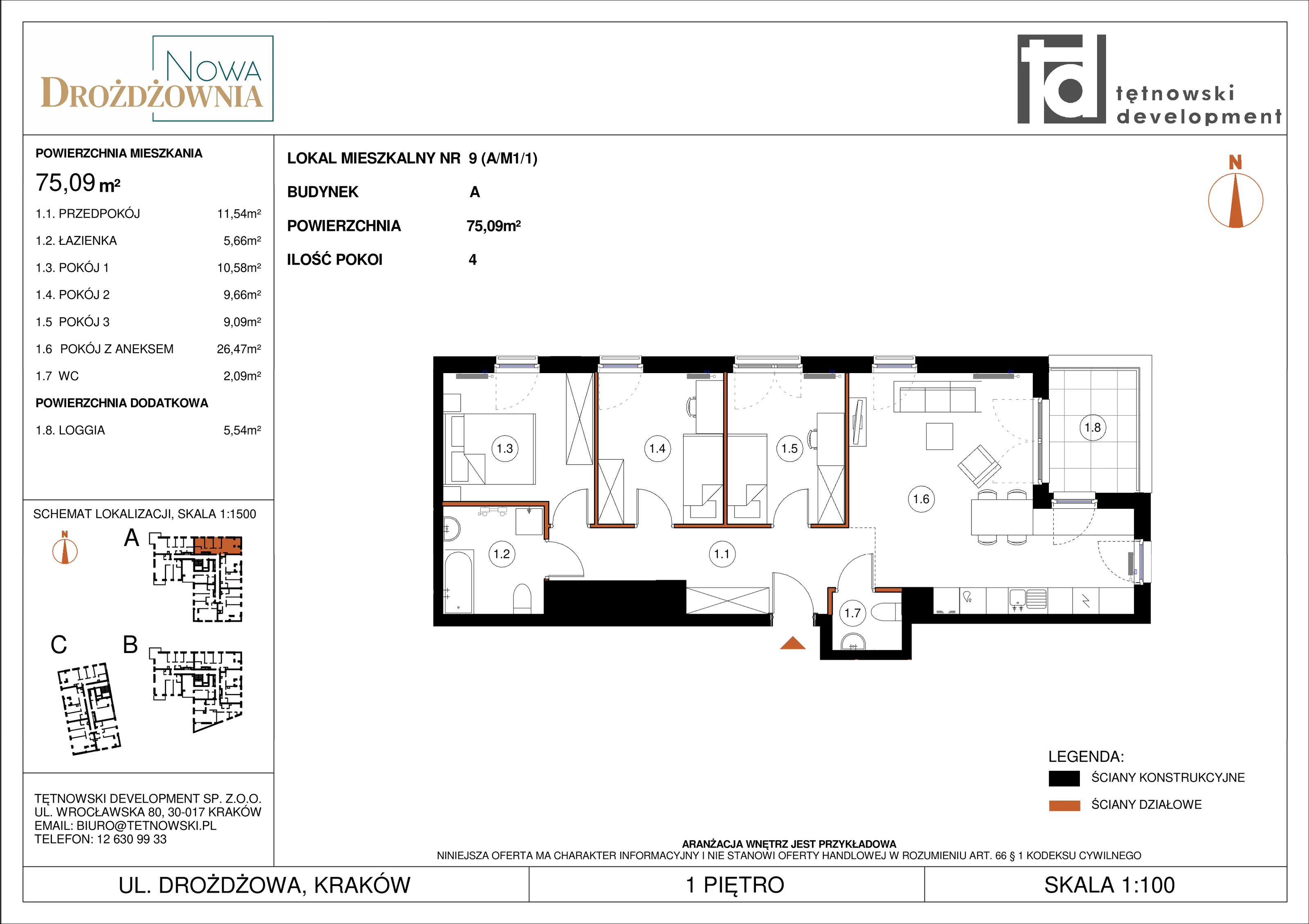 4 pokoje, mieszkanie 75,09 m², piętro 1, oferta nr AM1/1, Nowa Drożdżownia - Etap II, Kraków, Bieżanów-Prokocim, ul. Drożdżowa 5