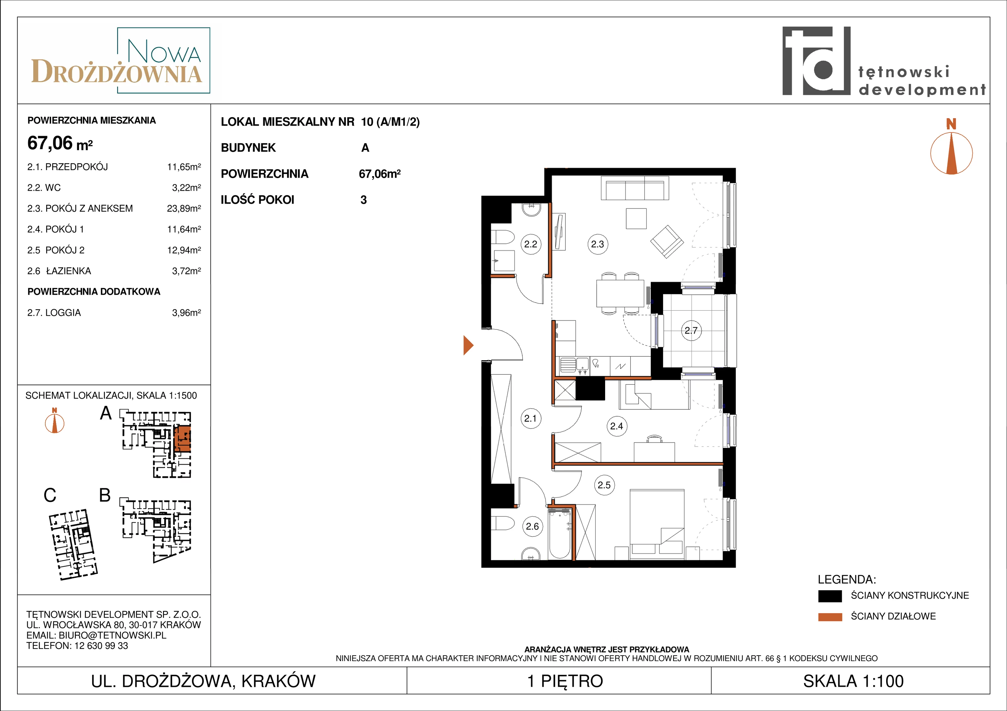 3 pokoje, mieszkanie 67,06 m², piętro 1, oferta nr AM1/2, Nowa Drożdżownia - Etap II, Kraków, Bieżanów-Prokocim, ul. Drożdżowa 5