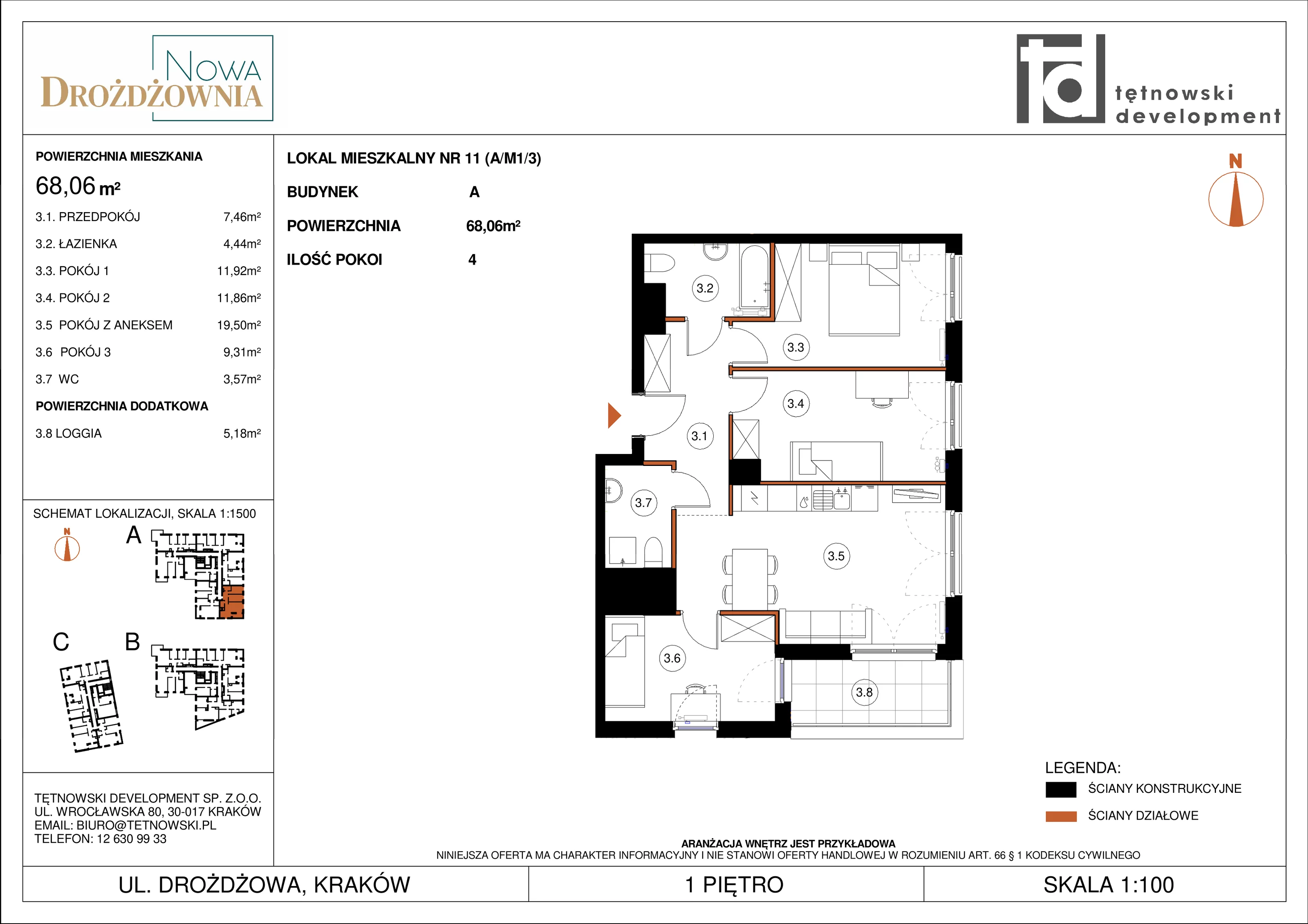 4 pokoje, mieszkanie 68,06 m², piętro 1, oferta nr AM1/3, Nowa Drożdżownia - Etap II, Kraków, Bieżanów-Prokocim, ul. Drożdżowa 5