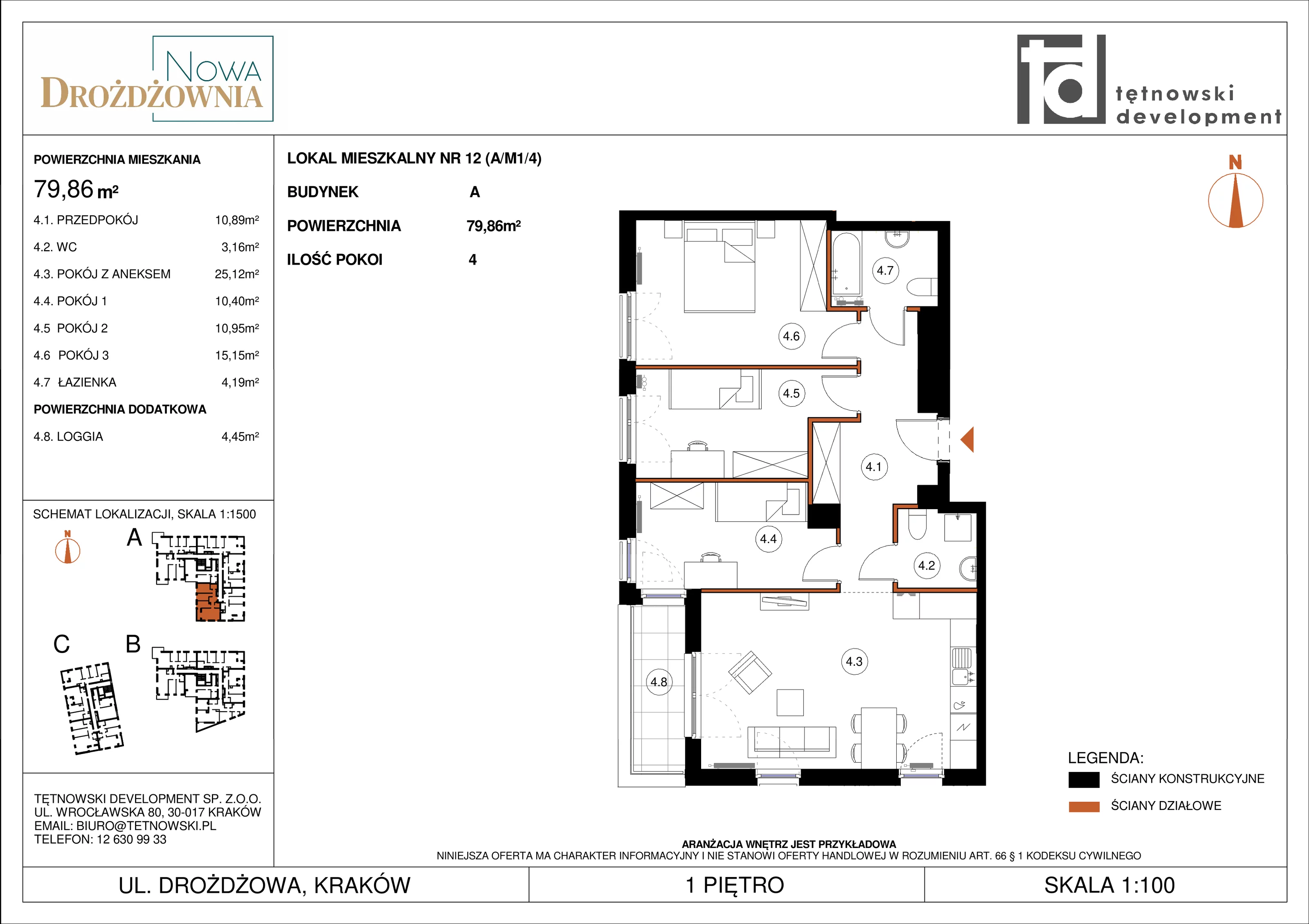 4 pokoje, mieszkanie 79,86 m², piętro 1, oferta nr AM1/4, Nowa Drożdżownia - Etap II, Kraków, Bieżanów-Prokocim, ul. Drożdżowa 5