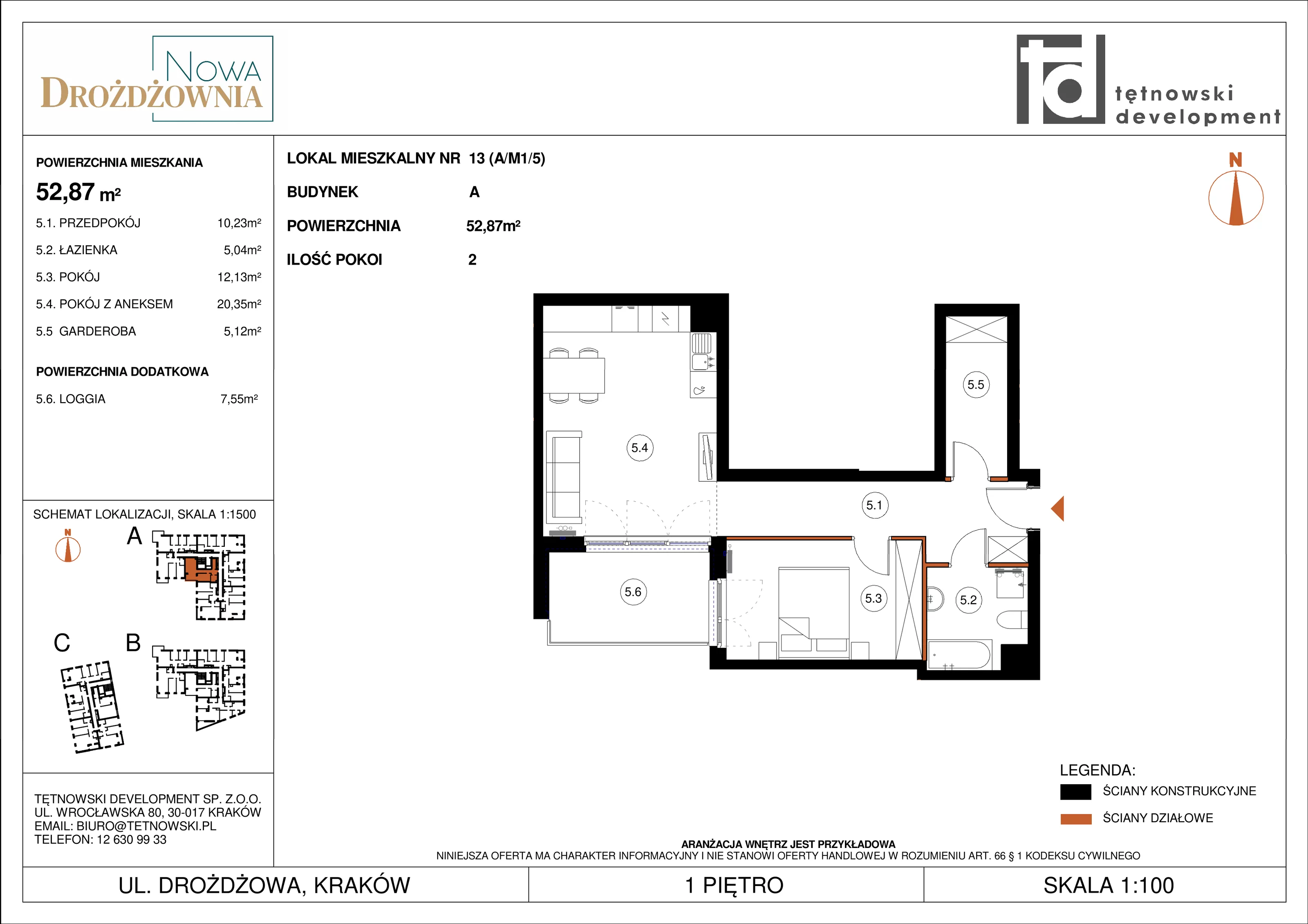 2 pokoje, mieszkanie 52,87 m², piętro 1, oferta nr AM1/5, Nowa Drożdżownia - Etap II, Kraków, Bieżanów-Prokocim, ul. Drożdżowa 5