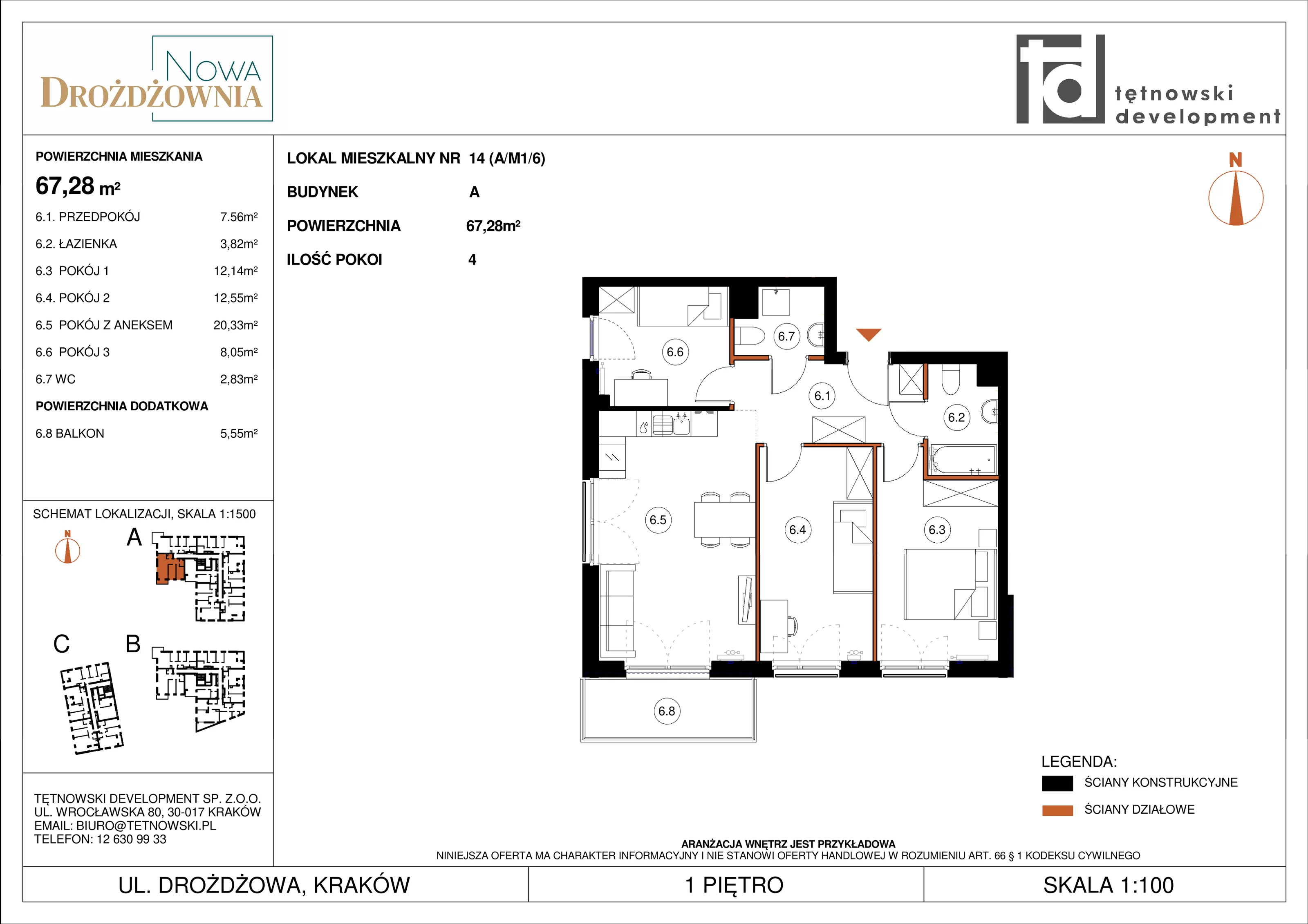 4 pokoje, mieszkanie 67,28 m², piętro 1, oferta nr AM1/6, Nowa Drożdżownia - Etap II, Kraków, Bieżanów-Prokocim, ul. Drożdżowa 5