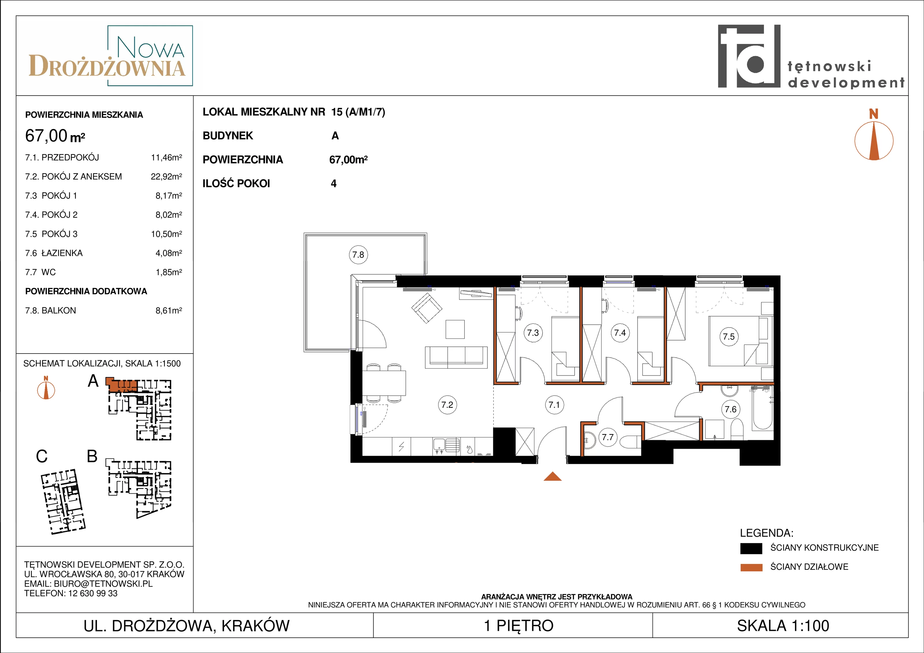 4 pokoje, mieszkanie 67,00 m², piętro 1, oferta nr AM1/7, Nowa Drożdżownia - Etap II, Kraków, Bieżanów-Prokocim, ul. Drożdżowa 5