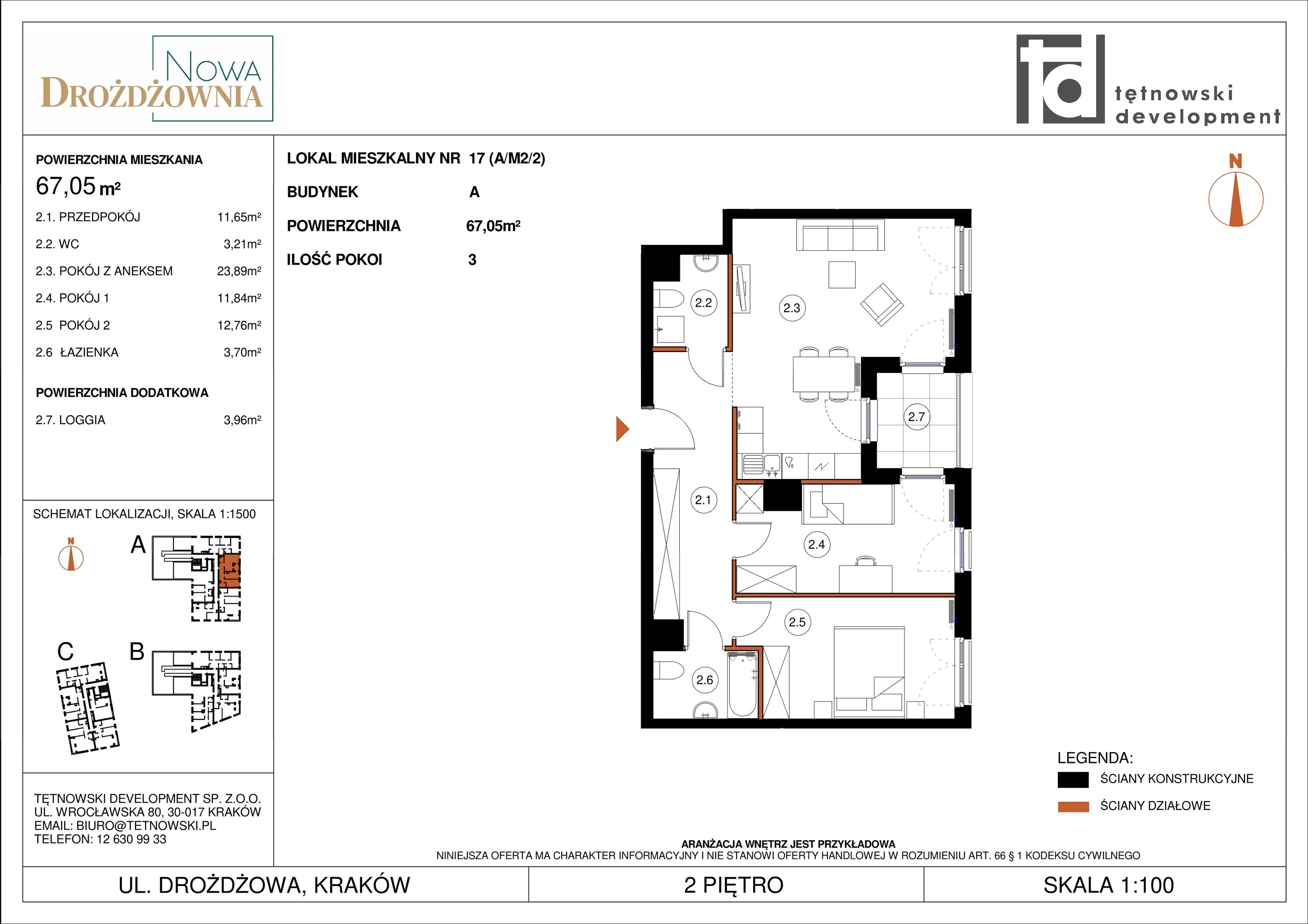 3 pokoje, mieszkanie 67,05 m², piętro 2, oferta nr AM2/2, Nowa Drożdżownia - Etap II, Kraków, Bieżanów-Prokocim, ul. Drożdżowa 5