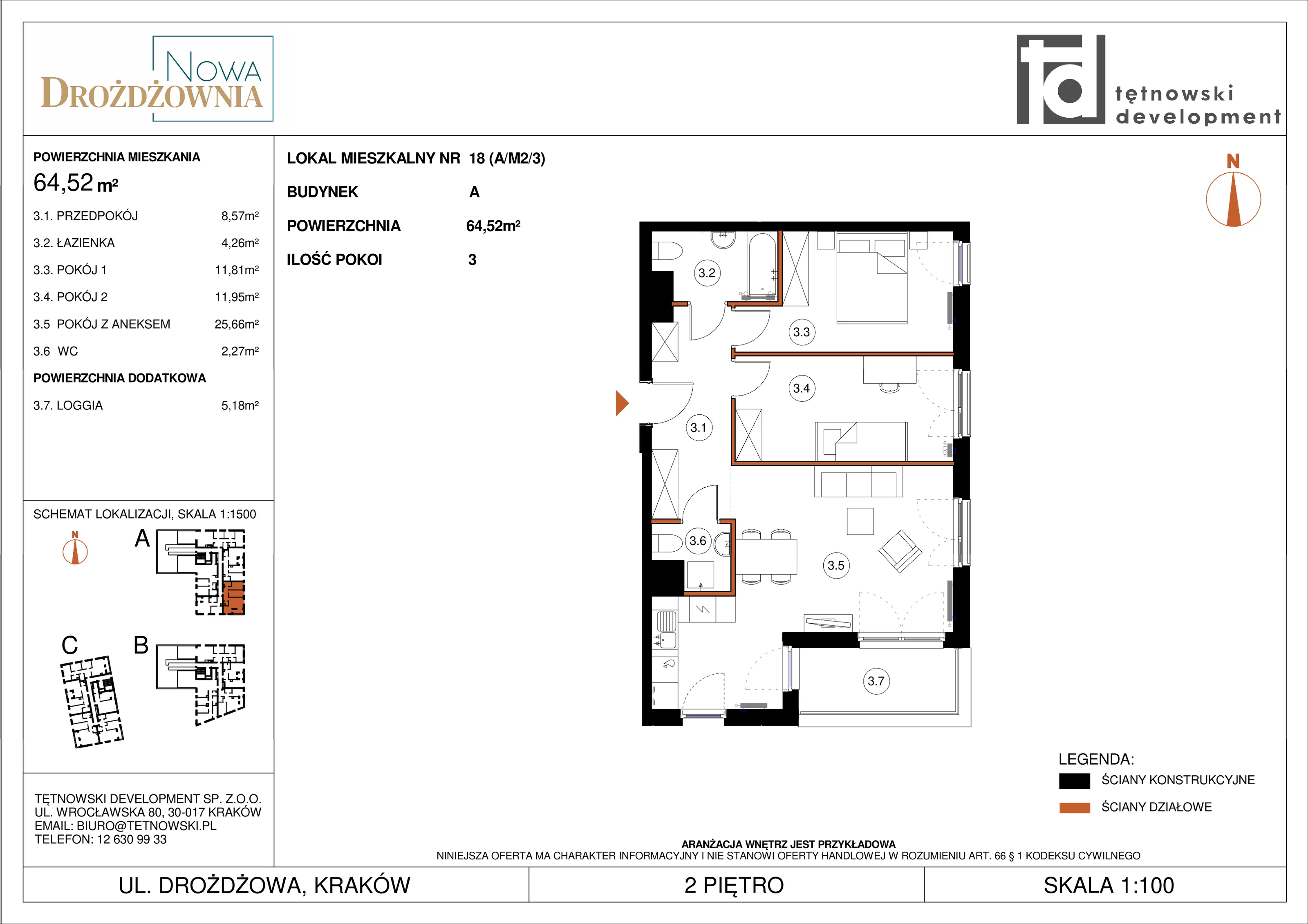 3 pokoje, mieszkanie 64,52 m², piętro 2, oferta nr AM2/3, Nowa Drożdżownia - Etap II, Kraków, Bieżanów-Prokocim, ul. Drożdżowa 5