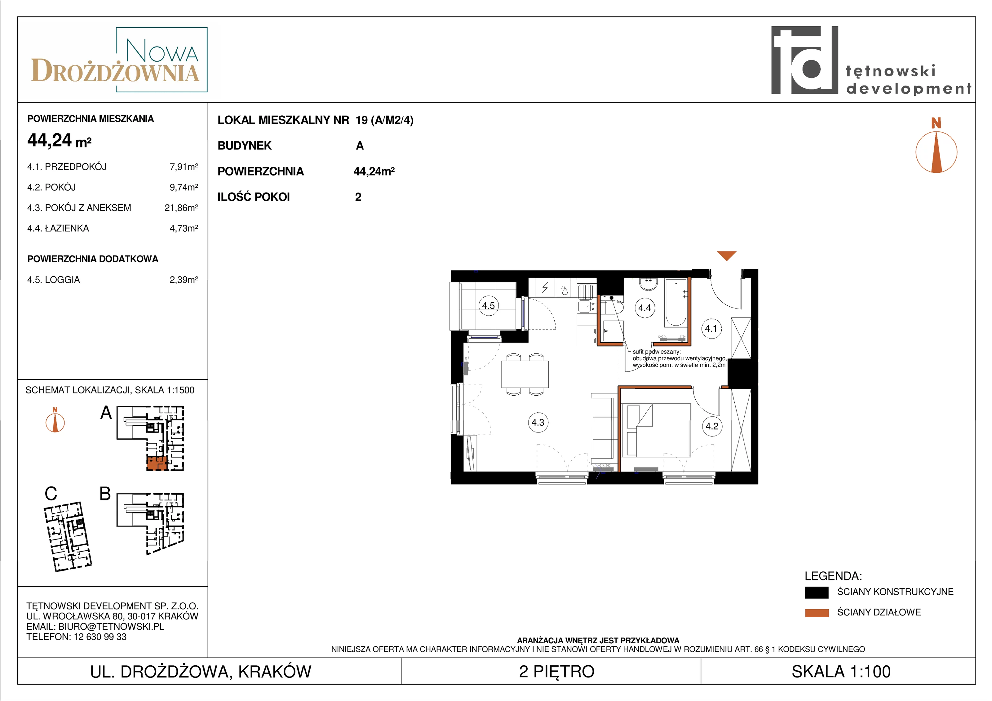 2 pokoje, mieszkanie 44,24 m², piętro 2, oferta nr AM2/4, Nowa Drożdżownia - Etap II, Kraków, Bieżanów-Prokocim, ul. Drożdżowa 5