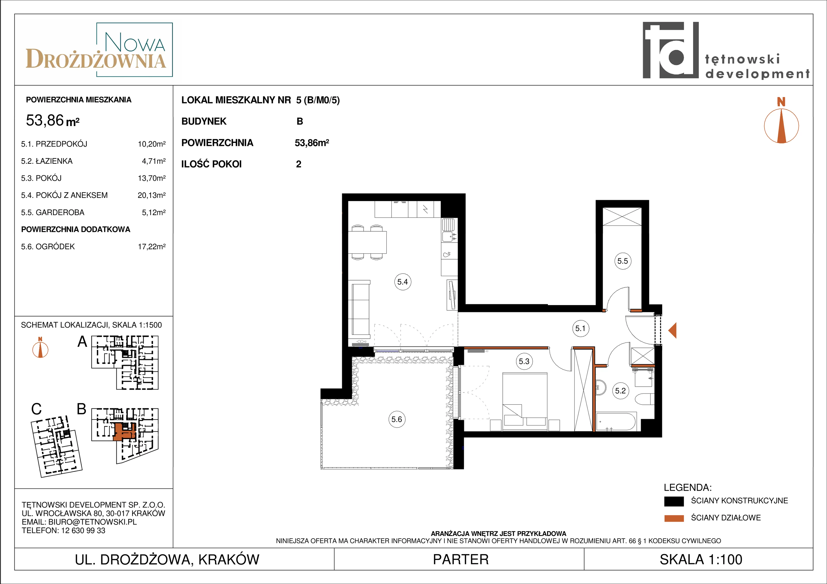 2 pokoje, mieszkanie 53,86 m², parter, oferta nr BM0/5, Nowa Drożdżownia - Etap II, Kraków, Bieżanów-Prokocim, ul. Drożdżowa 5