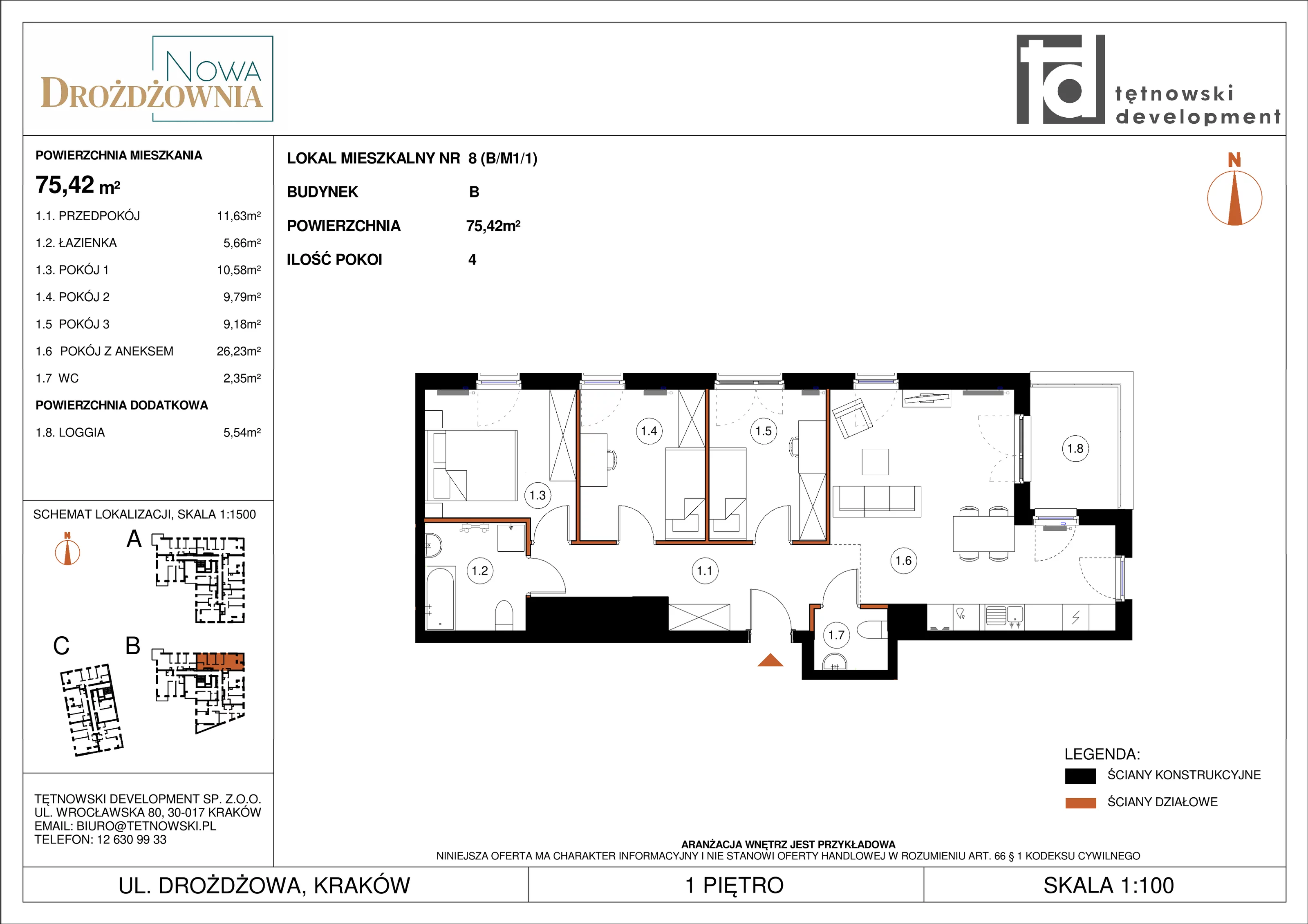 4 pokoje, mieszkanie 75,42 m², piętro 1, oferta nr BM1/1, Nowa Drożdżownia - Etap II, Kraków, Bieżanów-Prokocim, ul. Drożdżowa 5