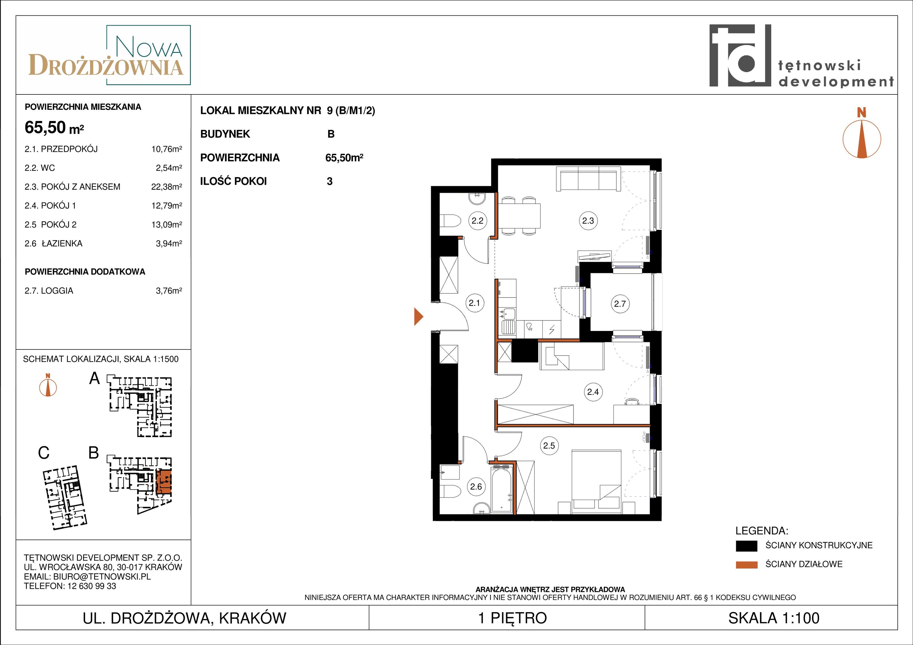 3 pokoje, mieszkanie 65,50 m², piętro 1, oferta nr BM1/2, Nowa Drożdżownia - Etap II, Kraków, Bieżanów-Prokocim, ul. Drożdżowa 5