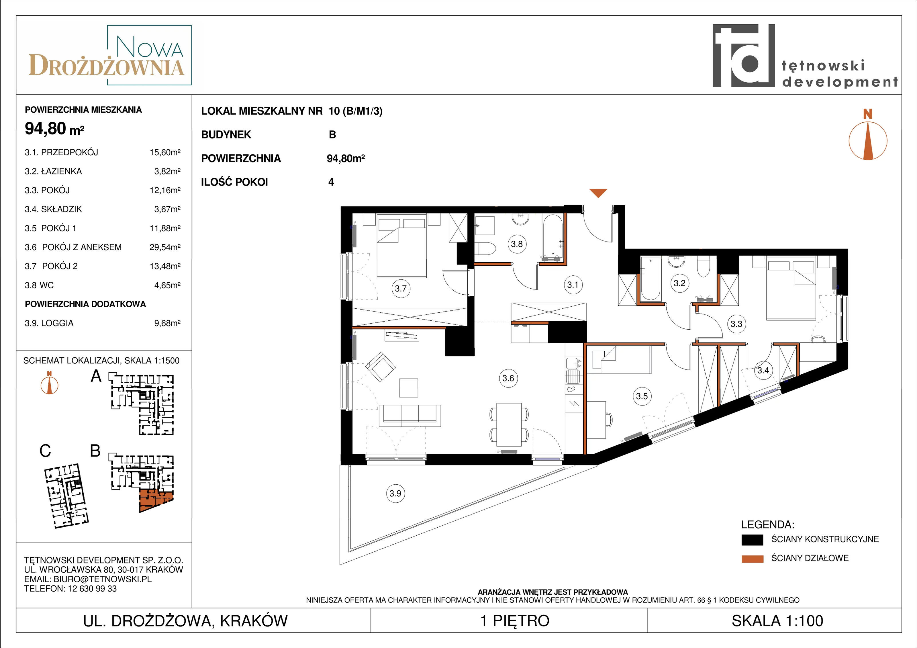 4 pokoje, mieszkanie 94,80 m², piętro 1, oferta nr BM1/3, Nowa Drożdżownia - Etap II, Kraków, Bieżanów-Prokocim, ul. Drożdżowa 5