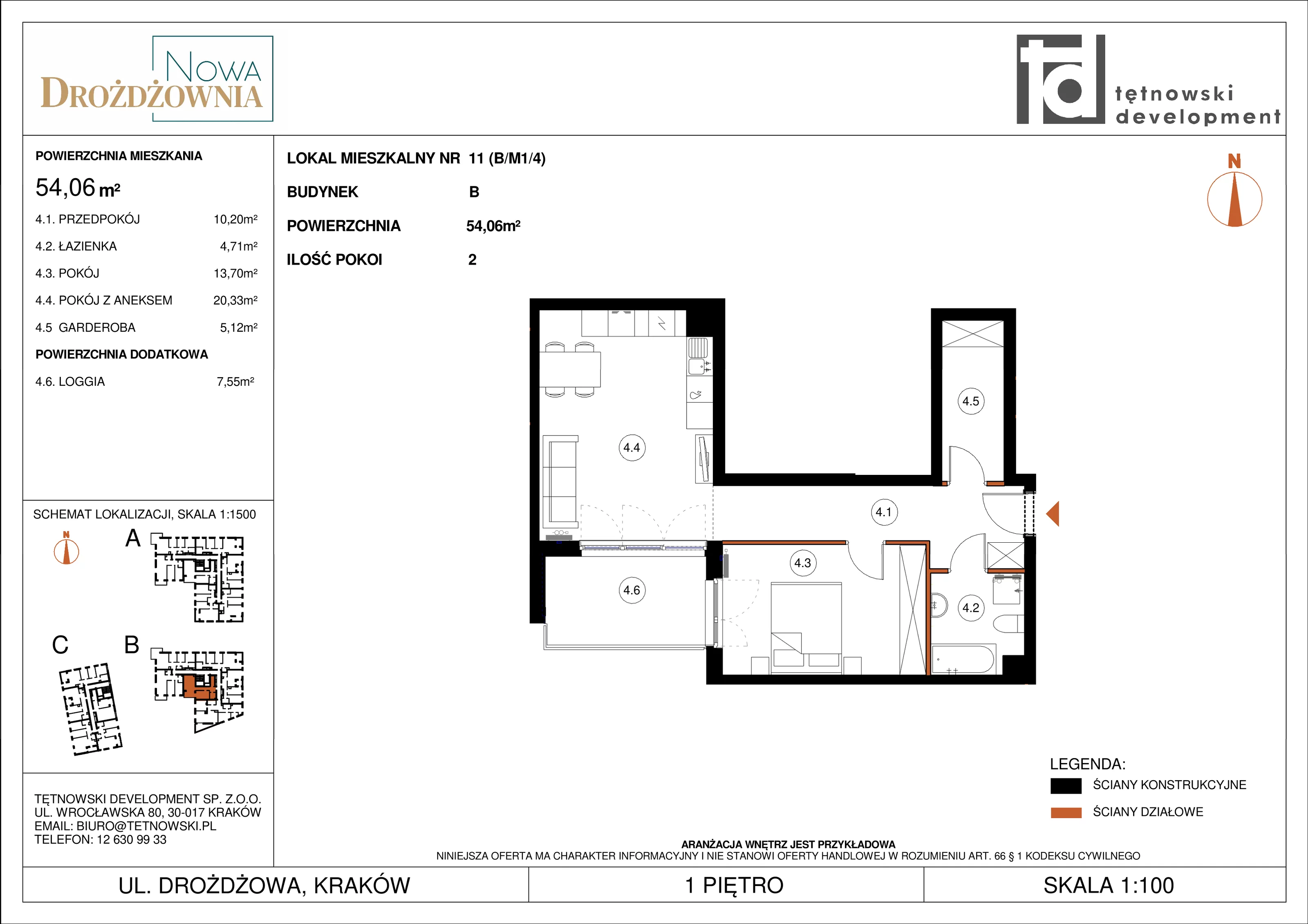 2 pokoje, mieszkanie 54,06 m², piętro 1, oferta nr BM1/4, Nowa Drożdżownia - Etap II, Kraków, Bieżanów-Prokocim, ul. Drożdżowa 5