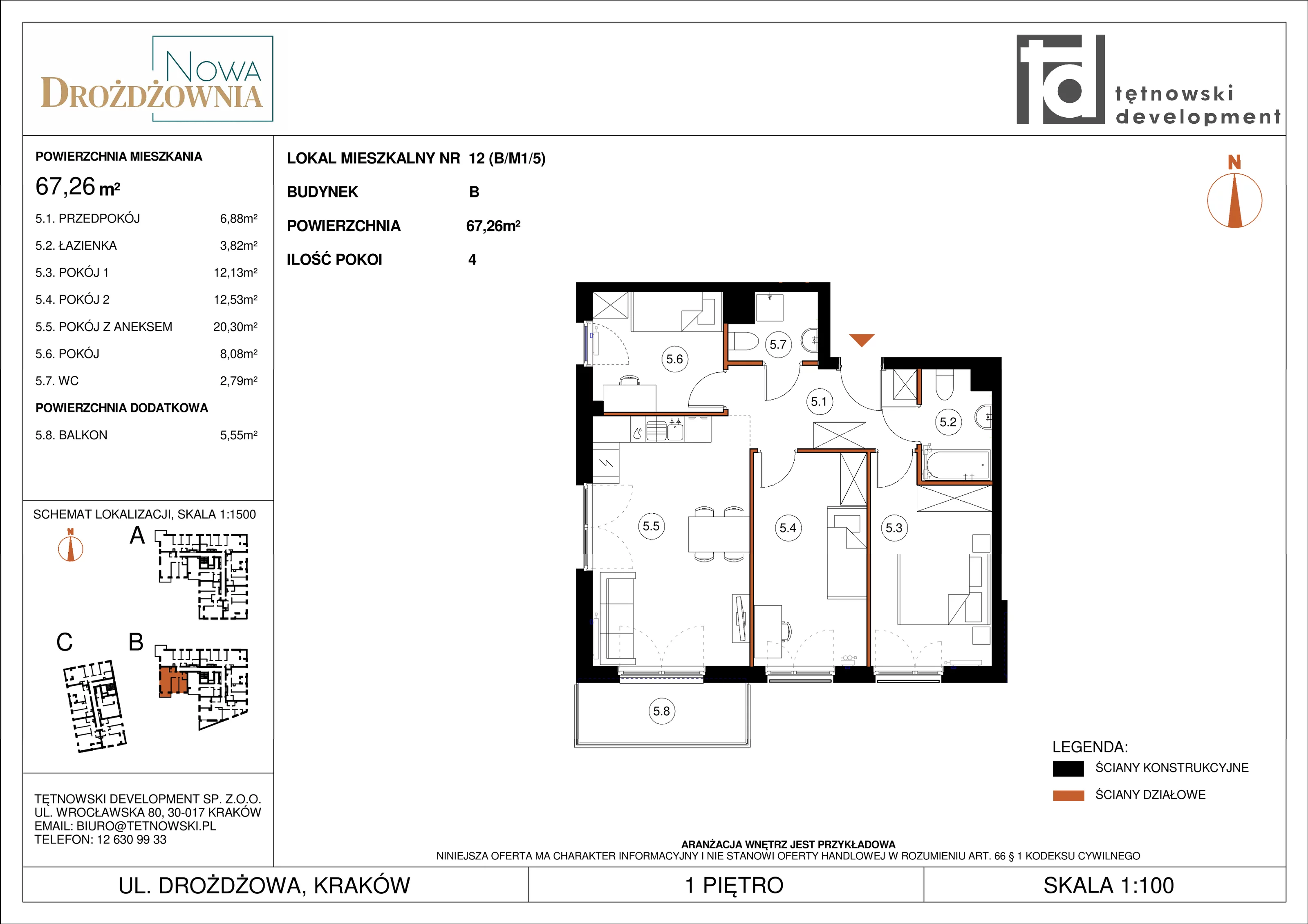 4 pokoje, mieszkanie 67,26 m², piętro 1, oferta nr BM1/5, Nowa Drożdżownia - Etap II, Kraków, Bieżanów-Prokocim, ul. Drożdżowa 5