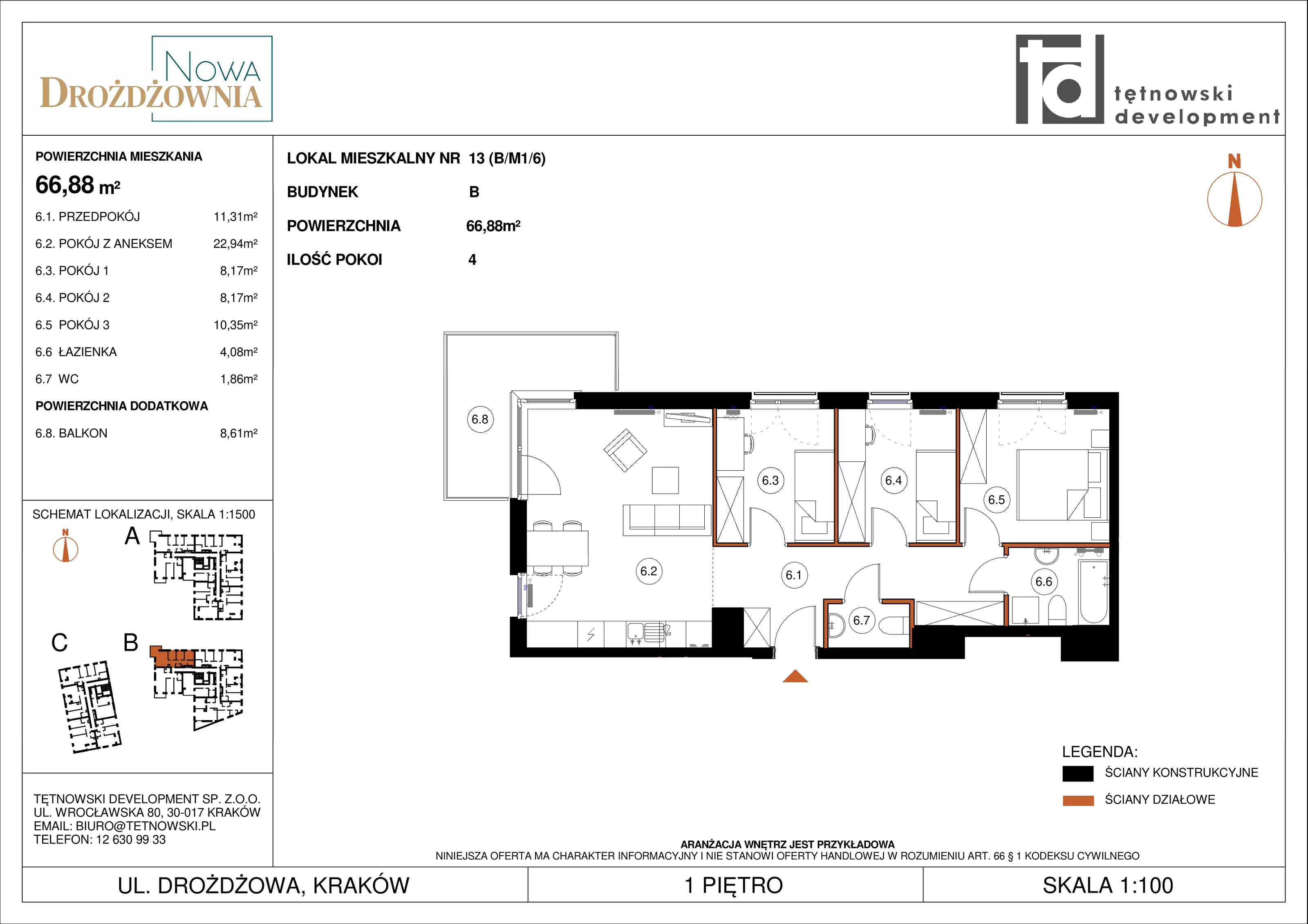 4 pokoje, mieszkanie 66,88 m², piętro 1, oferta nr BM1/6, Nowa Drożdżownia - Etap II, Kraków, Bieżanów-Prokocim, ul. Drożdżowa 5