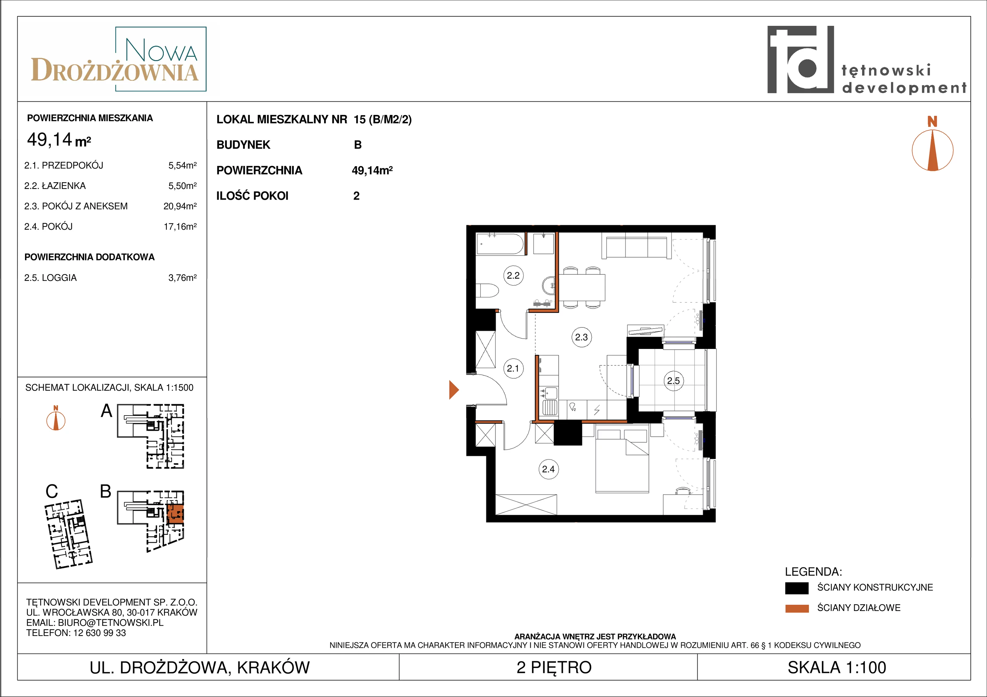 2 pokoje, mieszkanie 49,14 m², piętro 2, oferta nr BM2/2, Nowa Drożdżownia - Etap II, Kraków, Bieżanów-Prokocim, ul. Drożdżowa 5