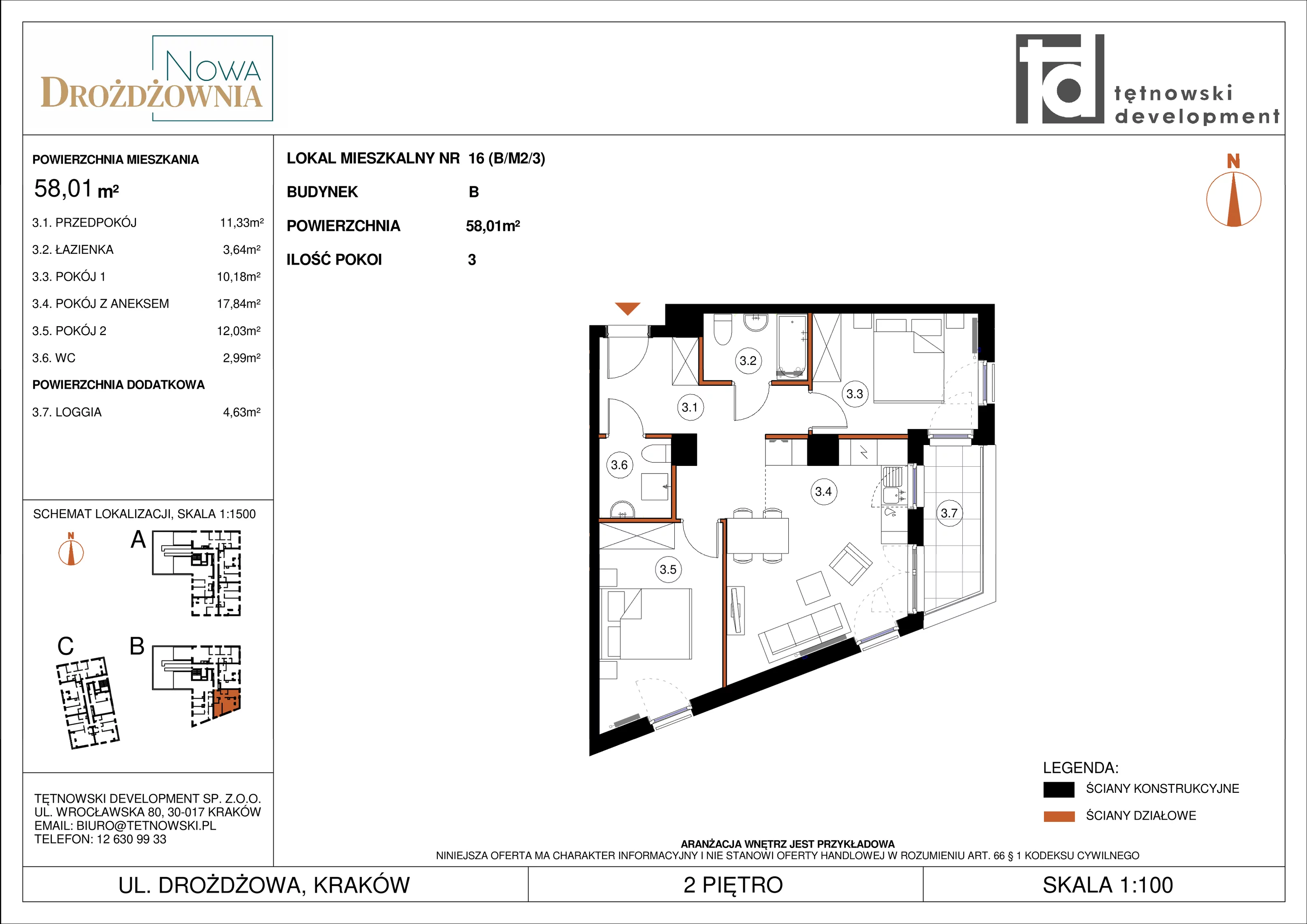3 pokoje, mieszkanie 58,01 m², piętro 2, oferta nr BM2/3, Nowa Drożdżownia - Etap II, Kraków, Bieżanów-Prokocim, ul. Drożdżowa 5
