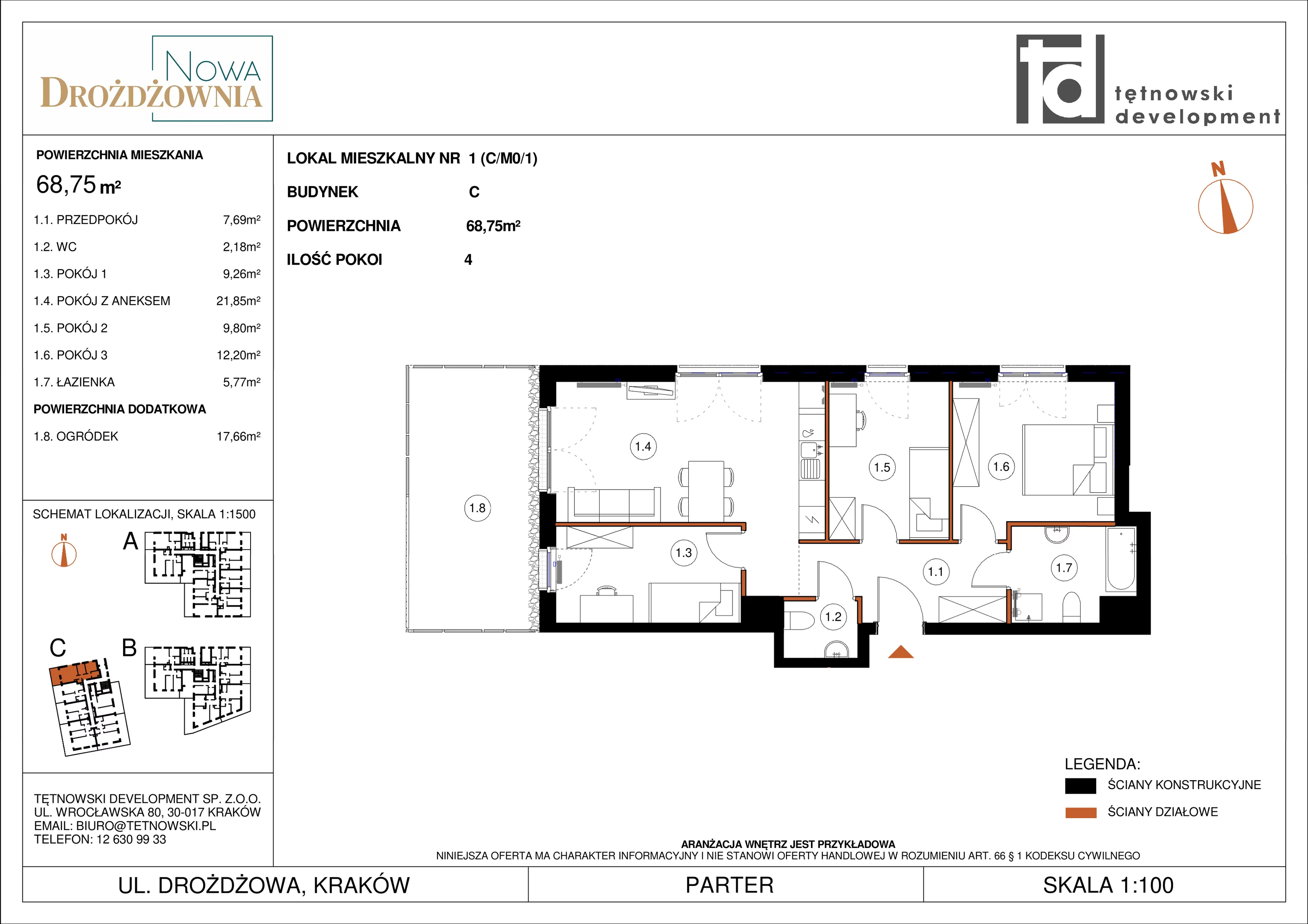 4 pokoje, mieszkanie 68,75 m², parter, oferta nr CM0/1, Nowa Drożdżownia - Etap II, Kraków, Bieżanów-Prokocim, ul. Drożdżowa 5