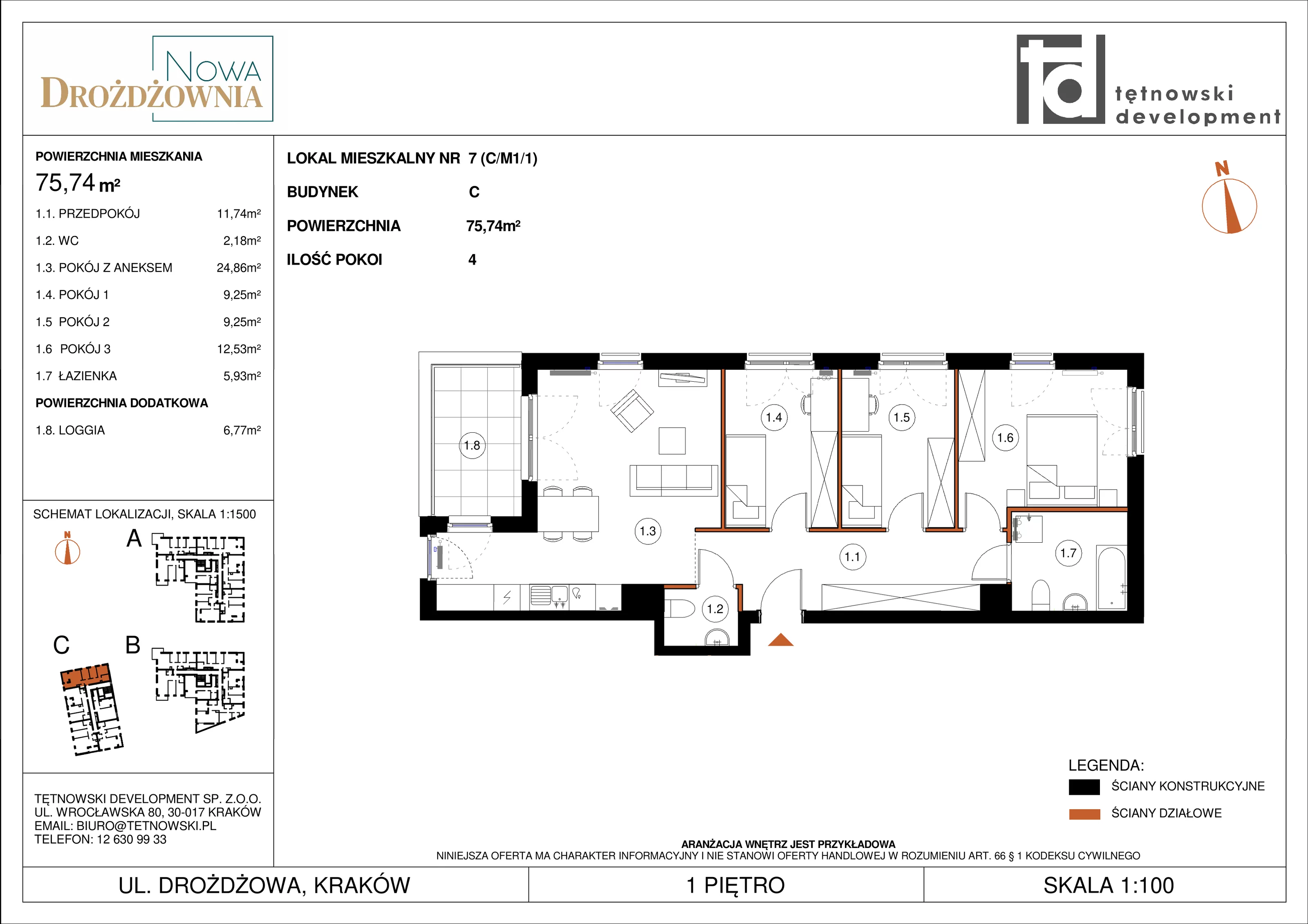 4 pokoje, mieszkanie 75,74 m², piętro 1, oferta nr CM1/1, Nowa Drożdżownia - Etap II, Kraków, Bieżanów-Prokocim, ul. Drożdżowa 5