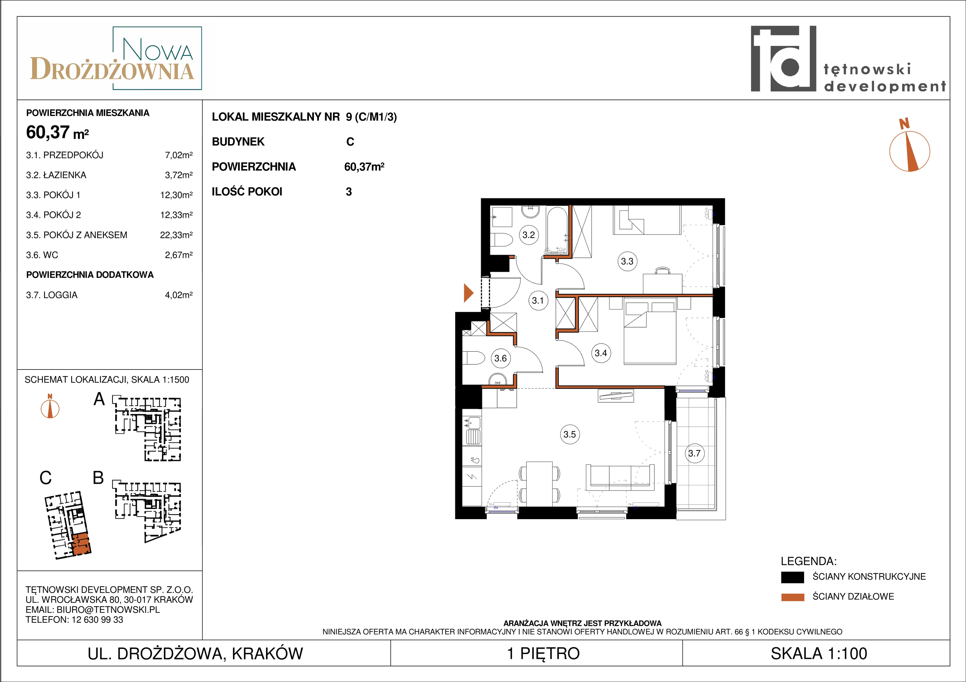 3 pokoje, mieszkanie 60,37 m², piętro 1, oferta nr CM1/3, Nowa Drożdżownia - Etap II, Kraków, Bieżanów-Prokocim, ul. Drożdżowa 5