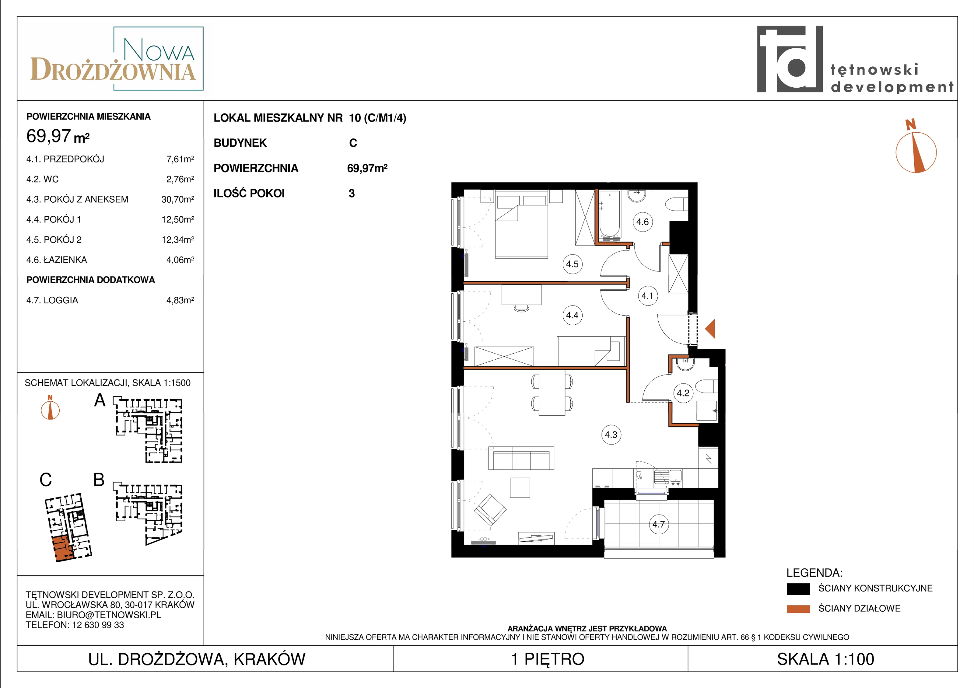 3 pokoje, mieszkanie 69,97 m², piętro 1, oferta nr CM1/4, Nowa Drożdżownia - Etap II, Kraków, Bieżanów-Prokocim, ul. Drożdżowa 5