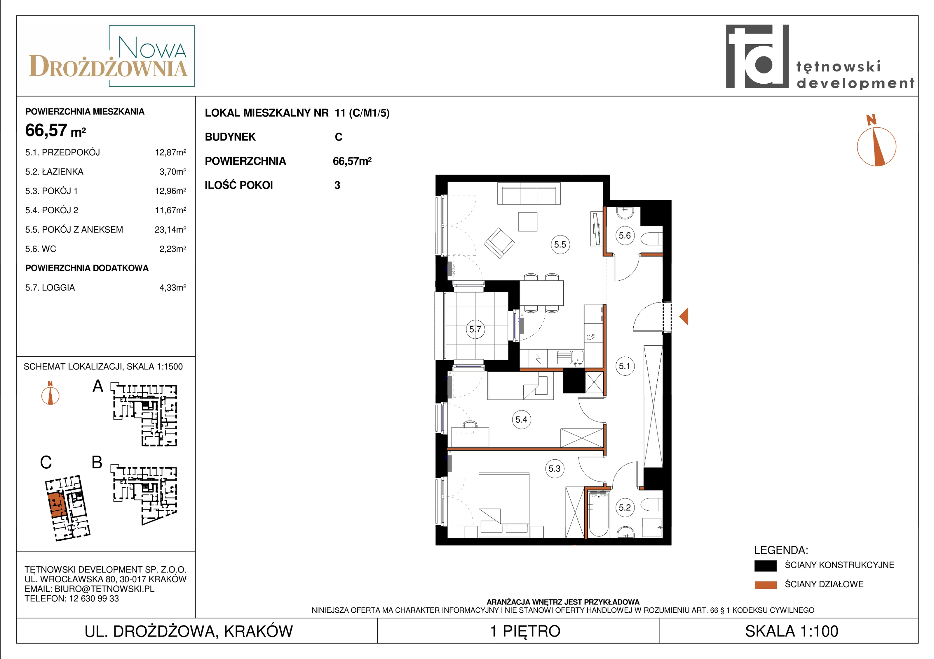 3 pokoje, mieszkanie 66,57 m², piętro 1, oferta nr CM1/5, Nowa Drożdżownia - Etap II, Kraków, Bieżanów-Prokocim, ul. Drożdżowa 5