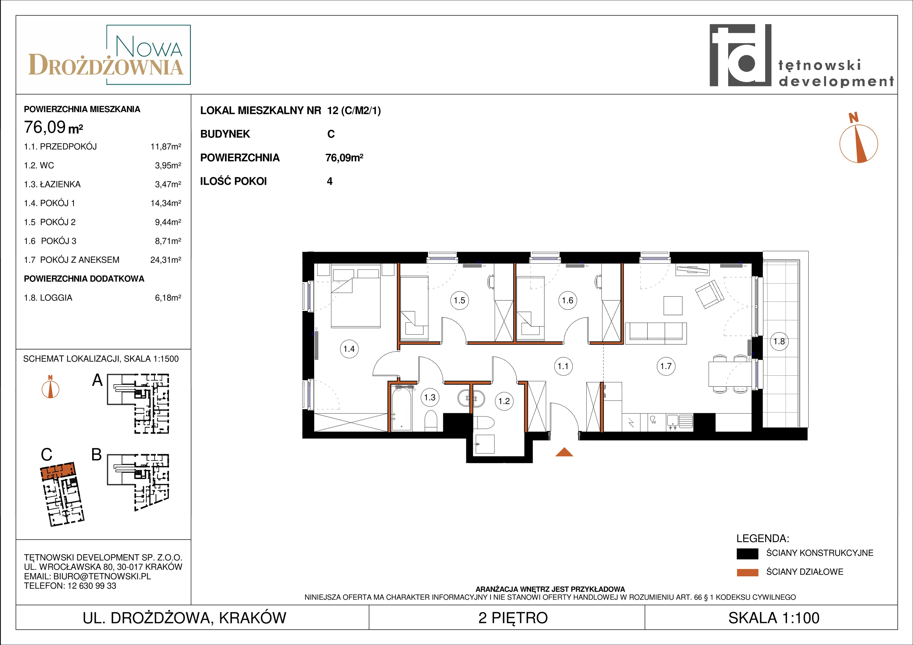 4 pokoje, mieszkanie 76,09 m², piętro 2, oferta nr CM2/1, Nowa Drożdżownia - Etap II, Kraków, Bieżanów-Prokocim, ul. Drożdżowa 5