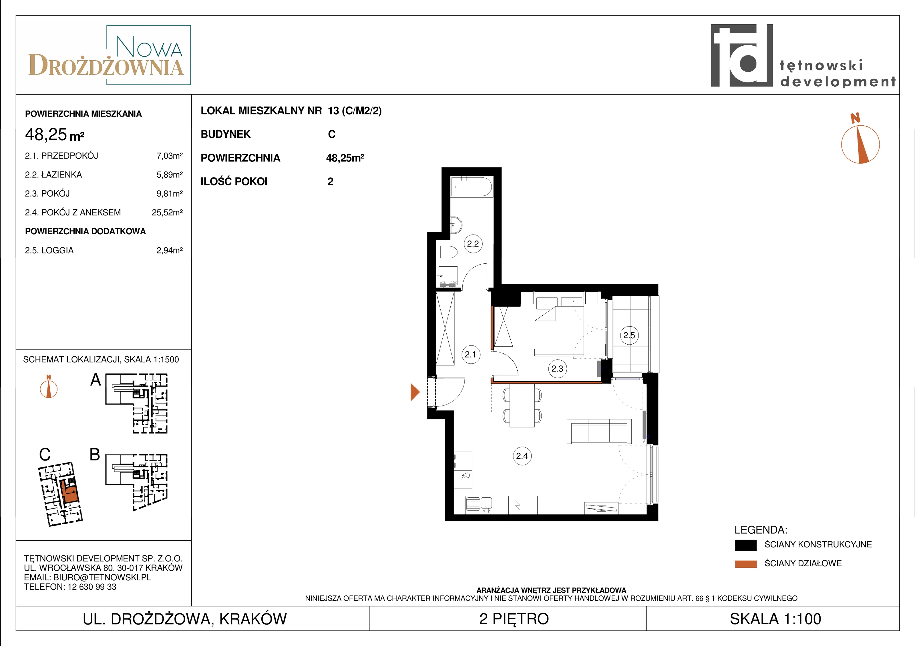 2 pokoje, mieszkanie 48,25 m², piętro 2, oferta nr CM2/2, Nowa Drożdżownia - Etap II, Kraków, Bieżanów-Prokocim, ul. Drożdżowa 5