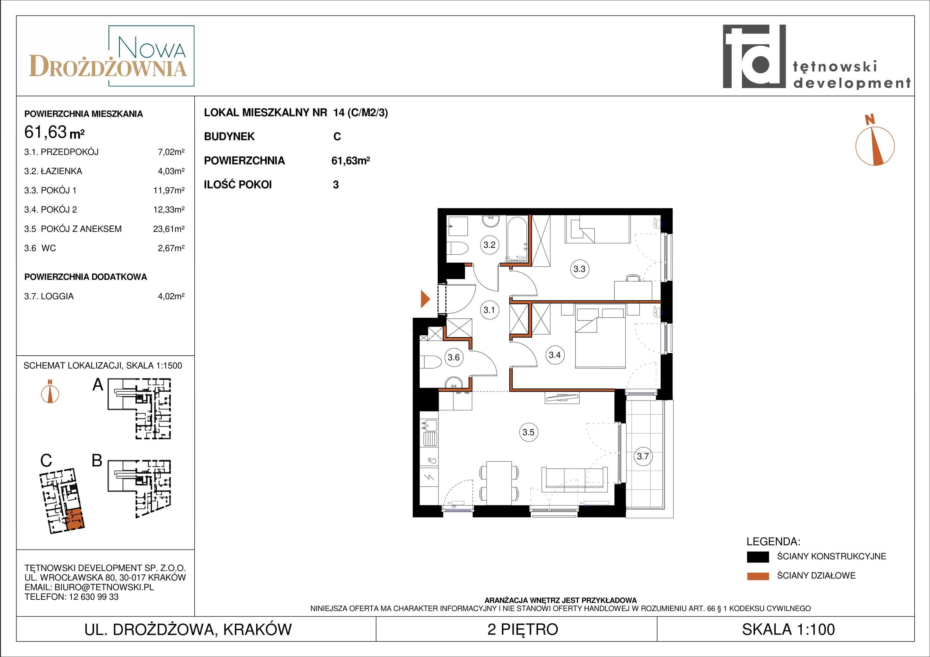 3 pokoje, mieszkanie 61,63 m², piętro 2, oferta nr CM2/3, Nowa Drożdżownia - Etap II, Kraków, Bieżanów-Prokocim, ul. Drożdżowa 5