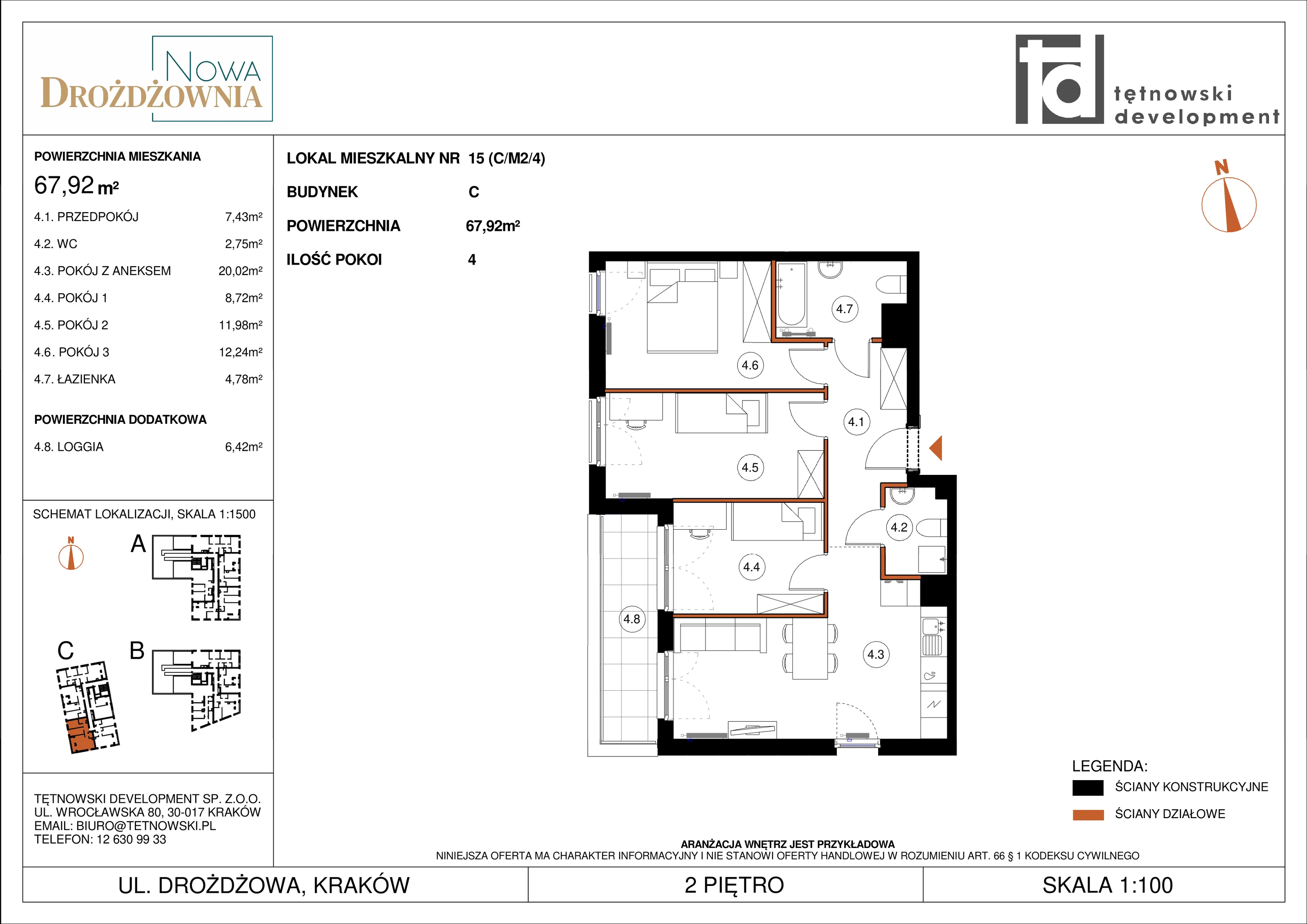 4 pokoje, mieszkanie 67,92 m², piętro 2, oferta nr CM2/4, Nowa Drożdżownia - Etap II, Kraków, Bieżanów-Prokocim, ul. Drożdżowa 5