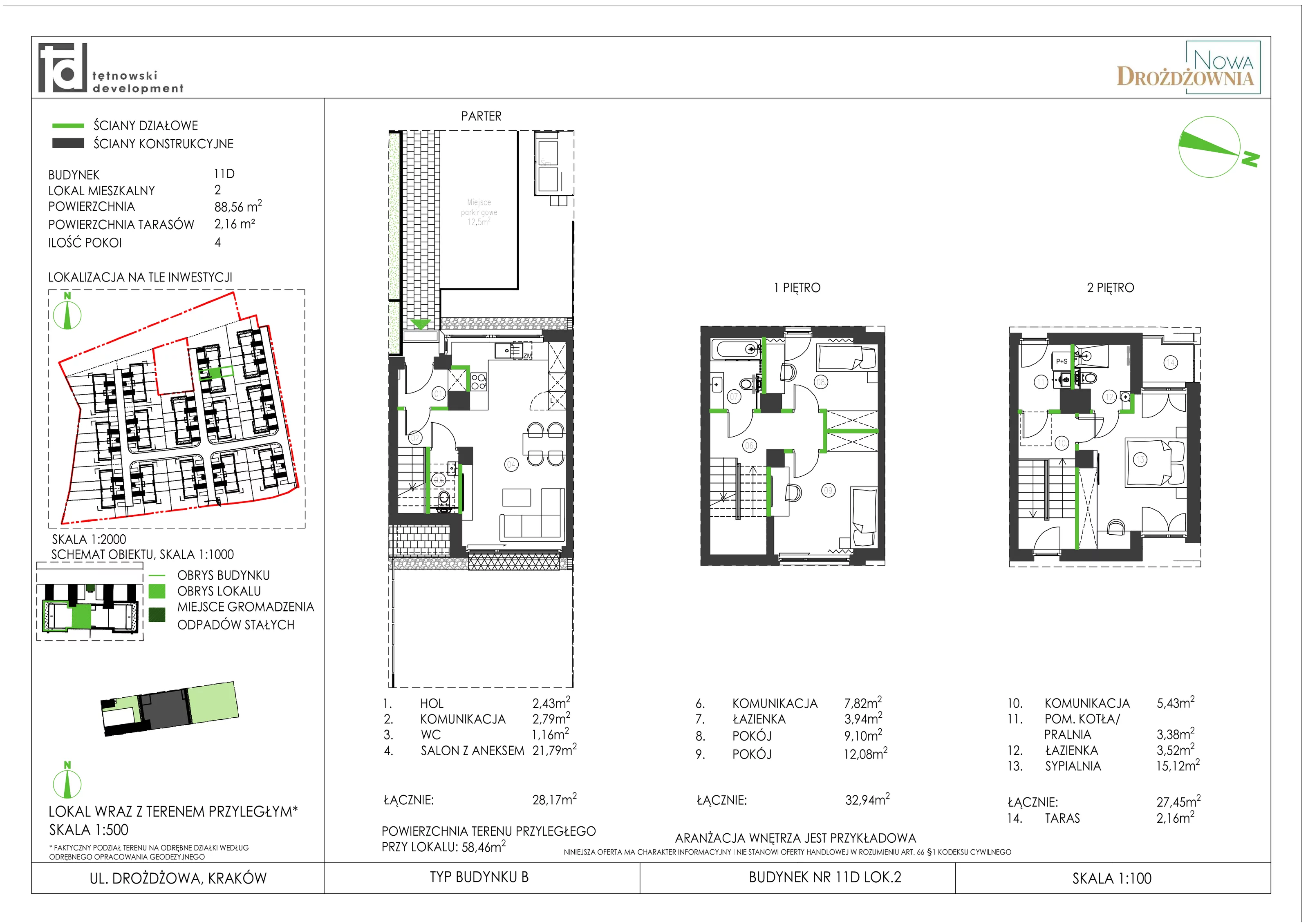 4 pokoje, mieszkanie 88,56 m², parter, oferta nr 11D_2, Nowa Drożdżownia, Kraków, Bieżanów-Prokocim, ul. Drożdżowa 11