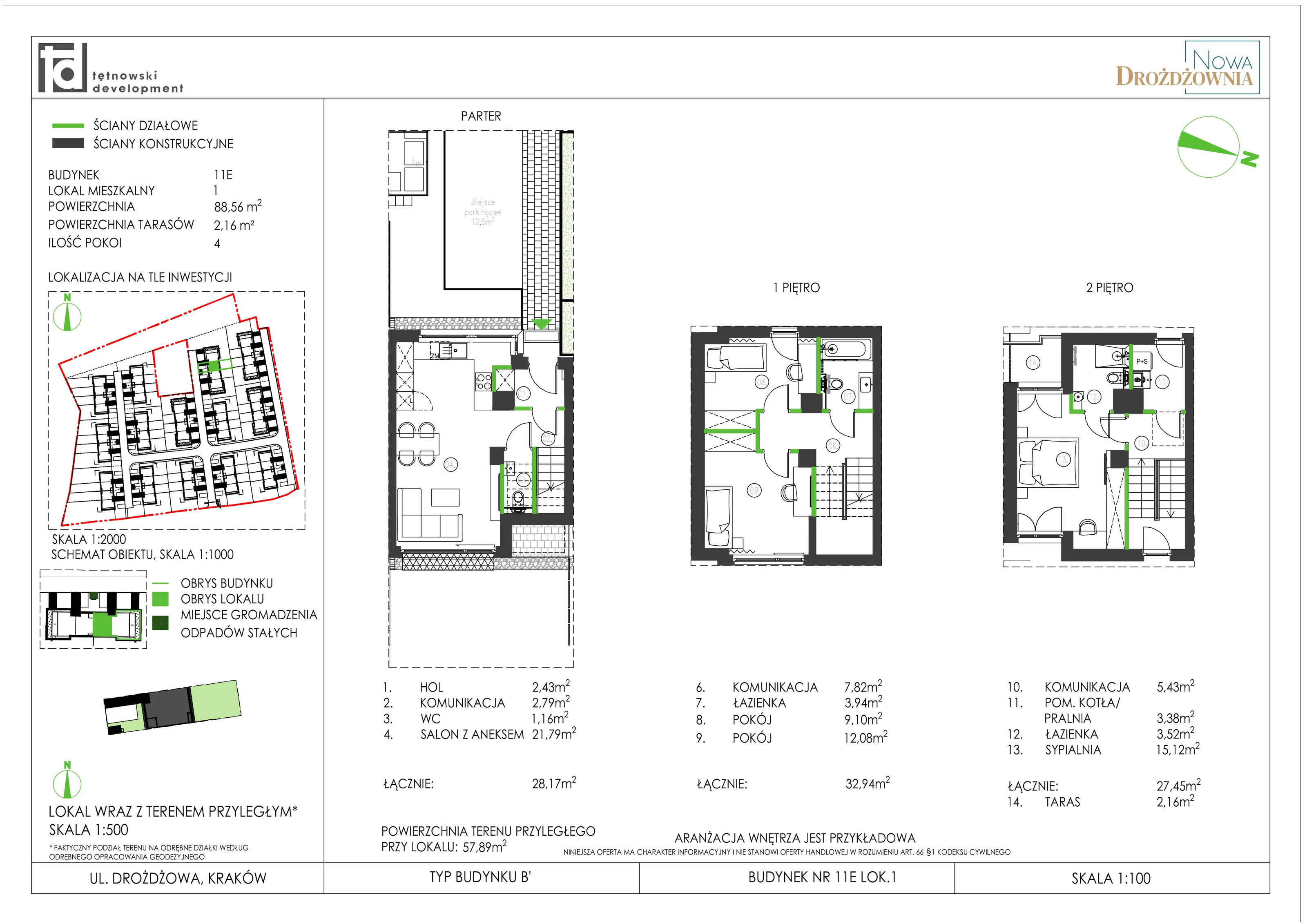 4 pokoje, mieszkanie 88,56 m², parter, oferta nr 11E_1, Nowa Drożdżownia, Kraków, Bieżanów-Prokocim, ul. Drożdżowa 11