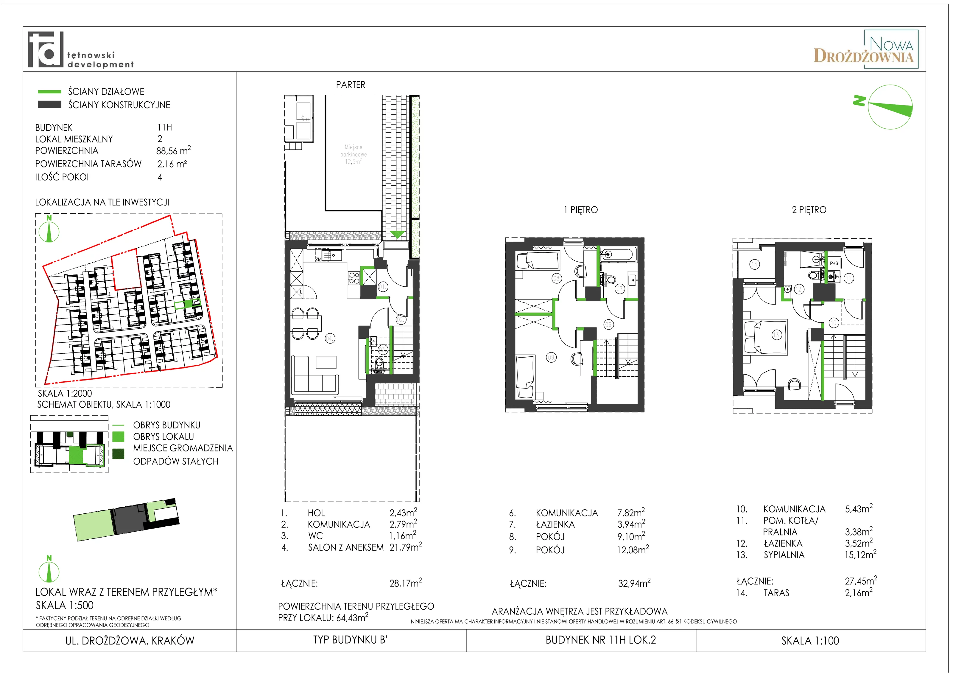 4 pokoje, mieszkanie 88,56 m², parter, oferta nr 11H_2, Nowa Drożdżownia, Kraków, Bieżanów-Prokocim, ul. Drożdżowa 11