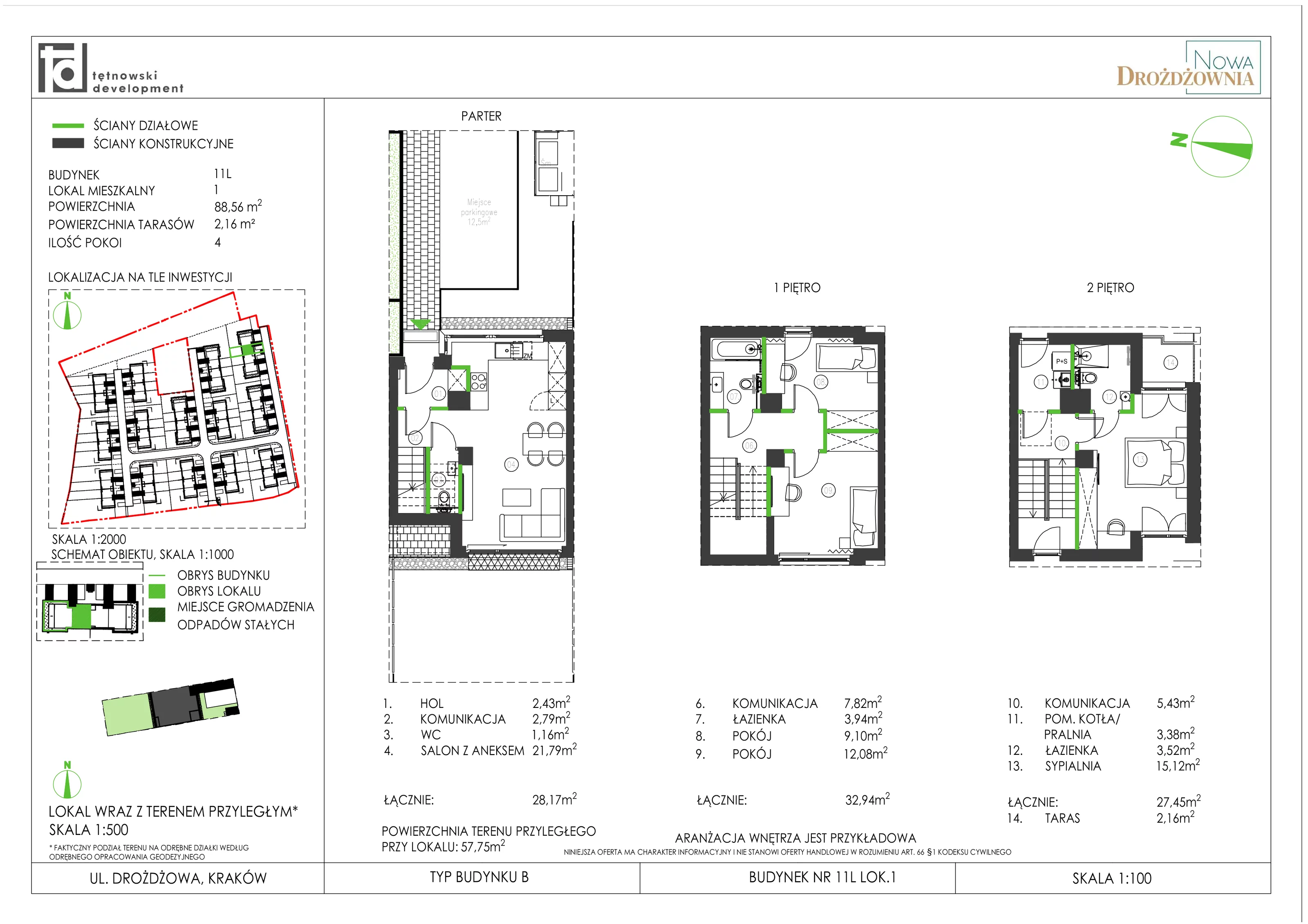 4 pokoje, mieszkanie 88,56 m², parter, oferta nr 11L_1, Nowa Drożdżownia, Kraków, Bieżanów-Prokocim, ul. Drożdżowa 11