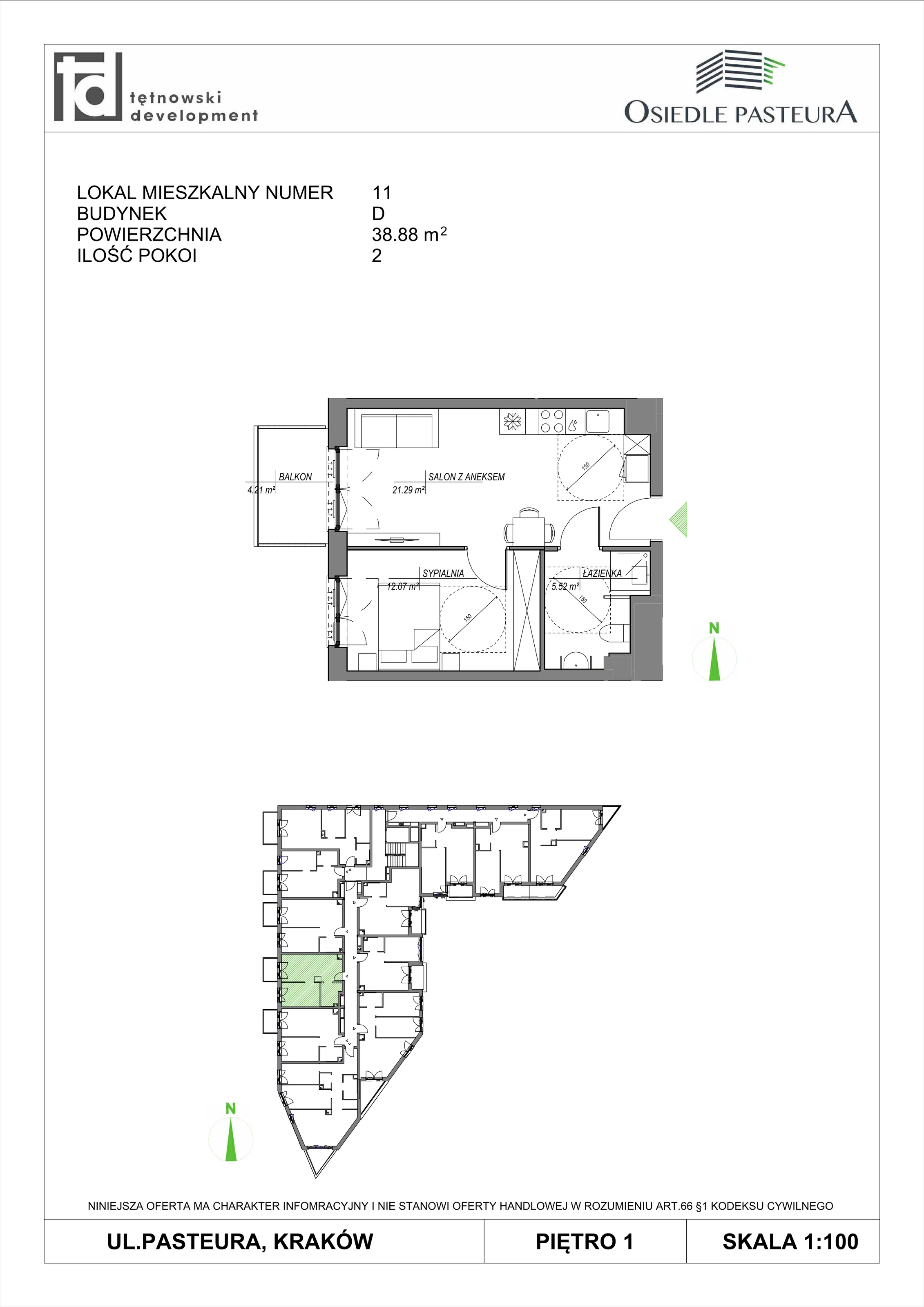 2 pokoje, mieszkanie 38,88 m², piętro 1, oferta nr M11, Osiedle Pasteura, Kraków, Prądnik Biały, ul. Ludwika Pasteura