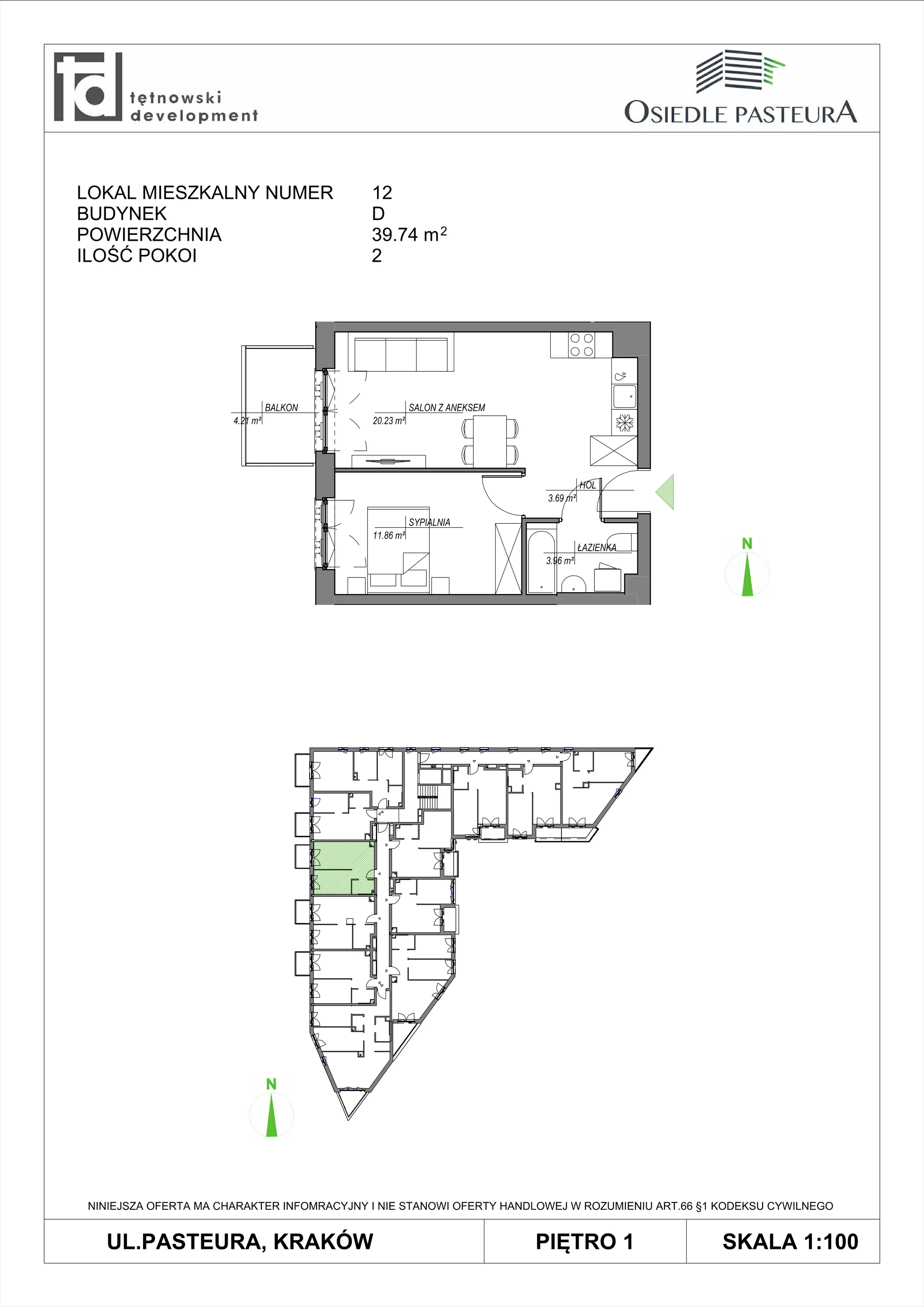 2 pokoje, mieszkanie 39,74 m², piętro 1, oferta nr M12, Osiedle Pasteura, Kraków, Prądnik Biały, ul. Ludwika Pasteura